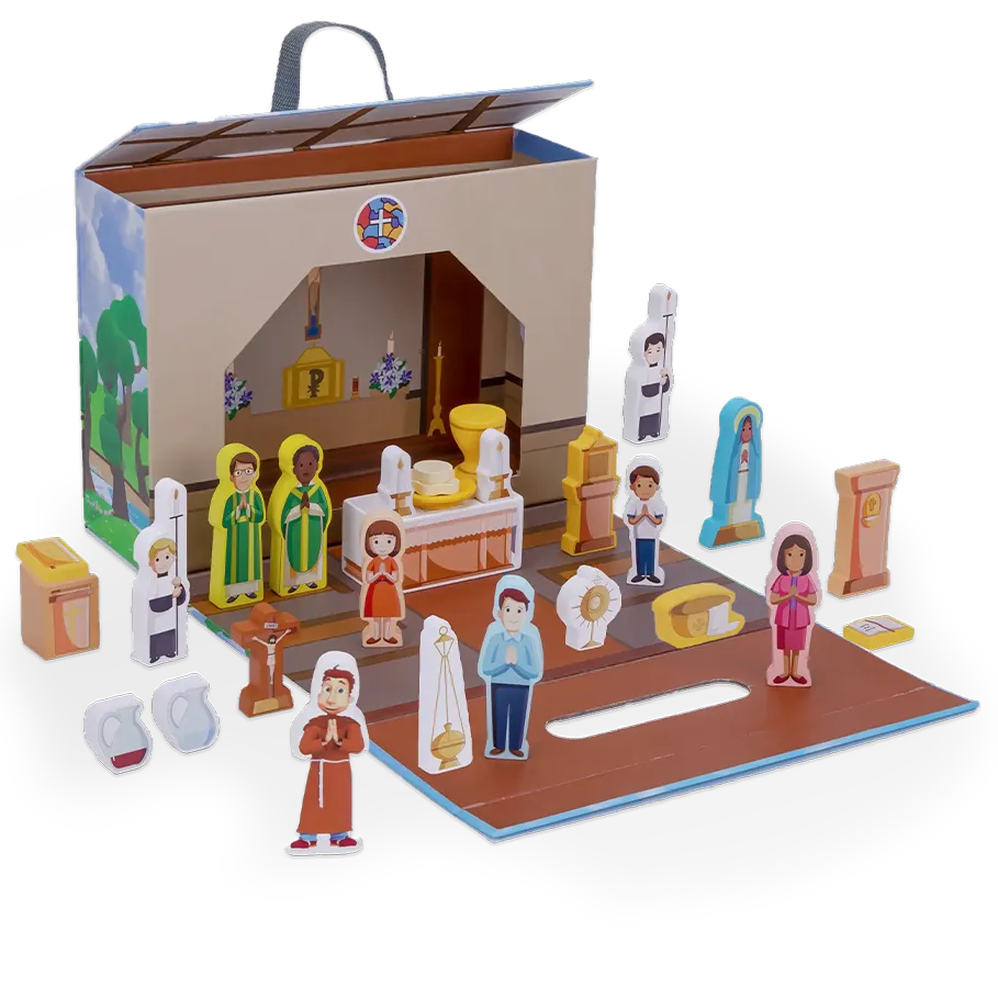 Church playset with miniature figures, altar, and accessories in carrying box