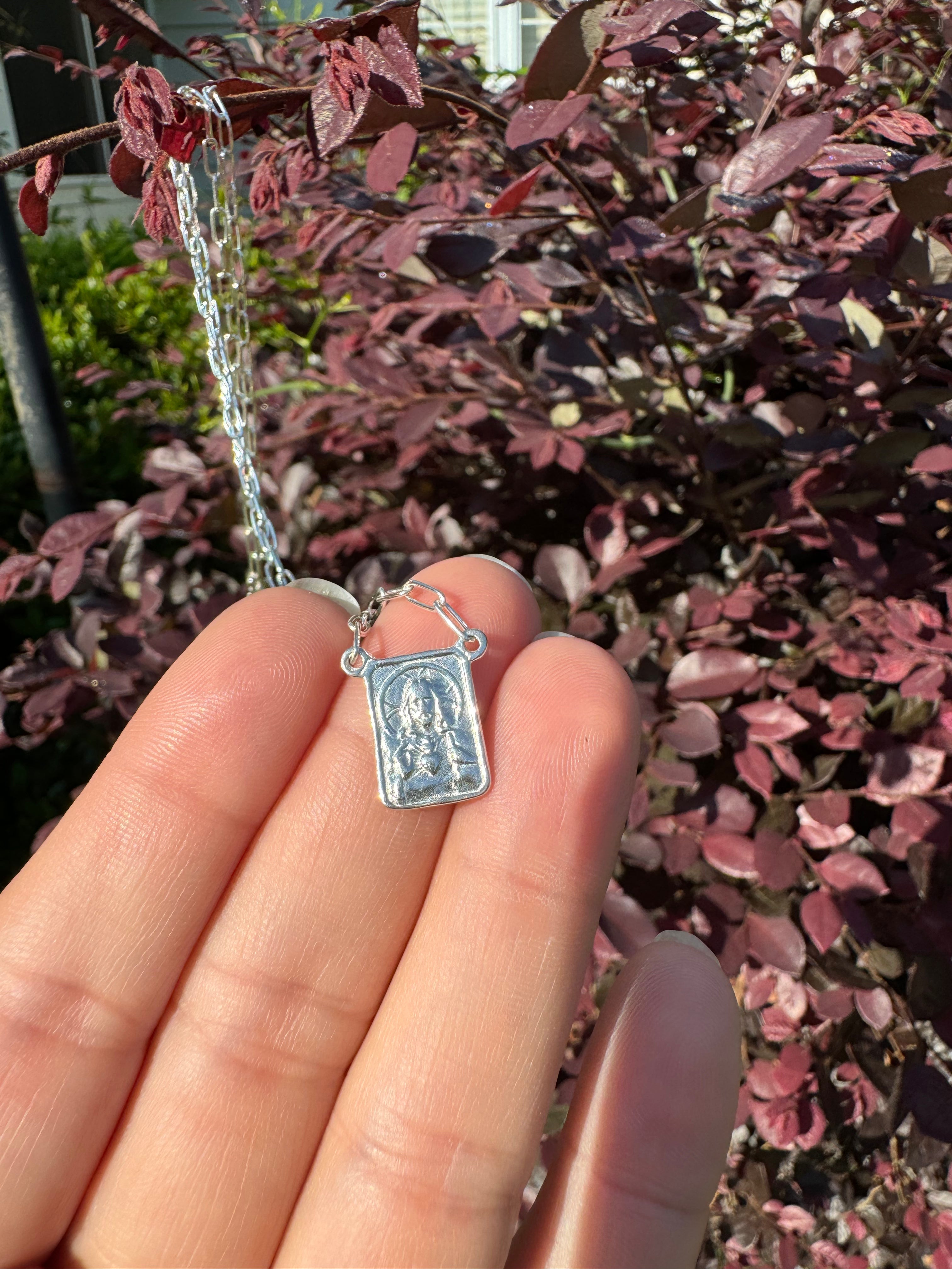 925 sterling silver paperclip scapular pendant, rectangular Saint figure charm