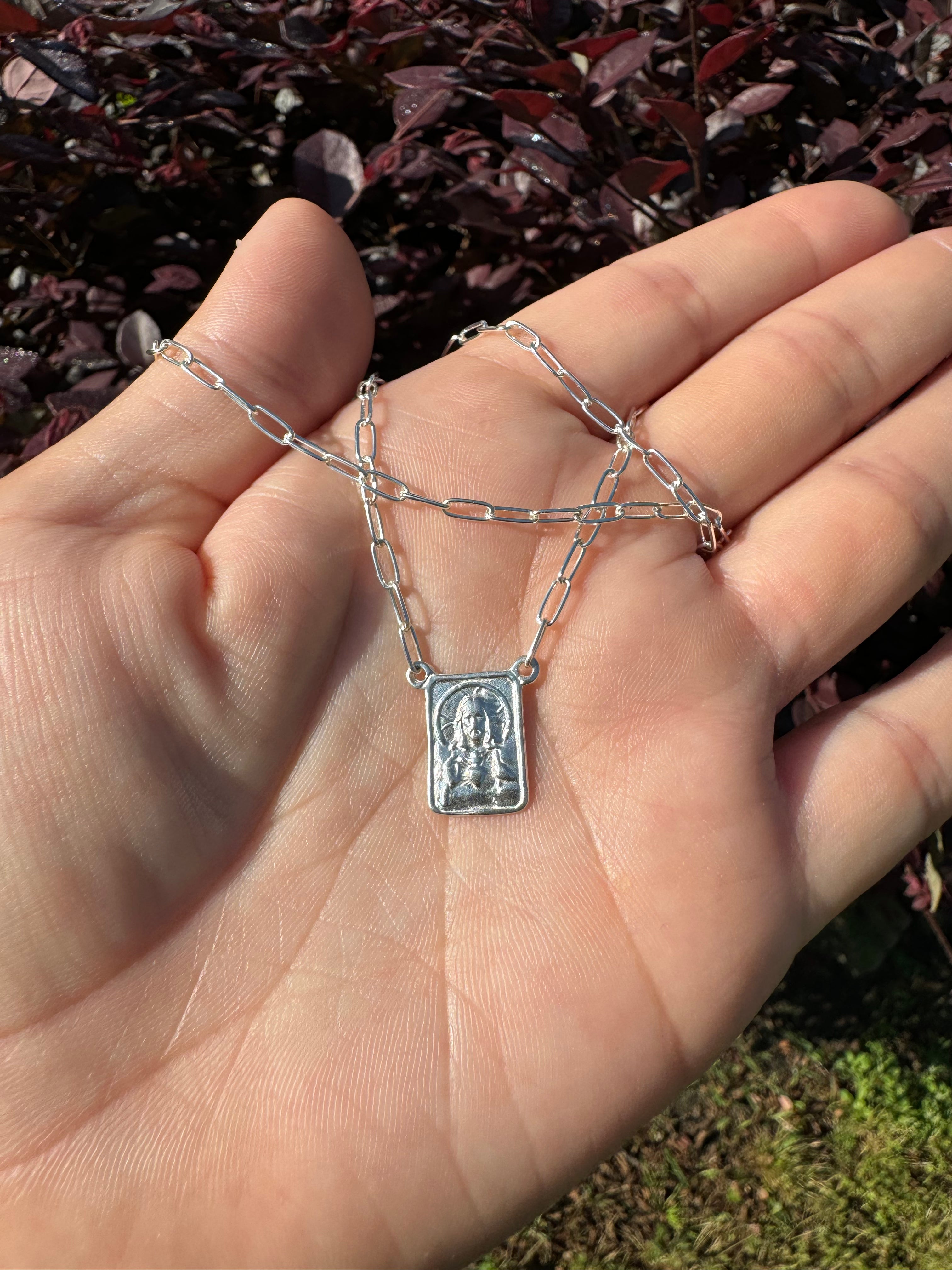 925 sterling silver paperclip chain with rectangular scapular pendant