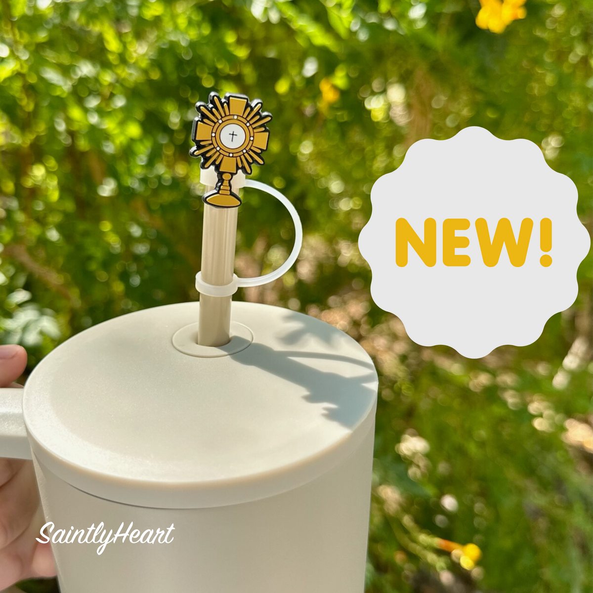 Gold Adoration straw topper with cross and chalice emblem on white straw