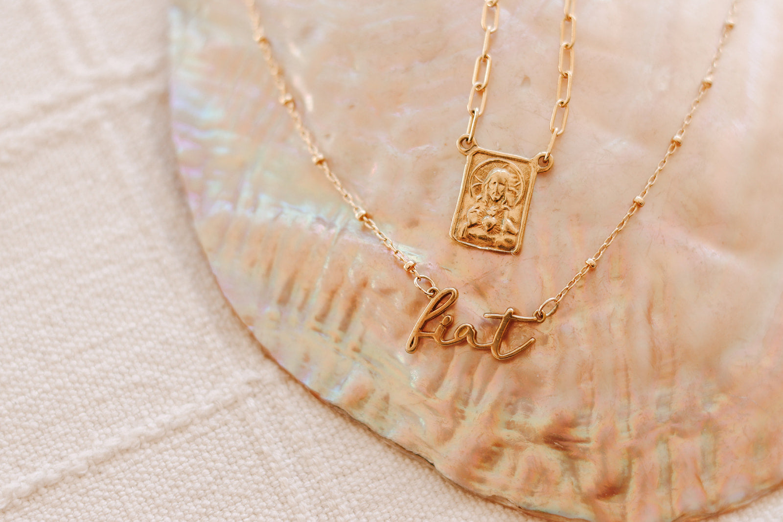 Gold paperclip scapular necklace with square portrait pendant on chain