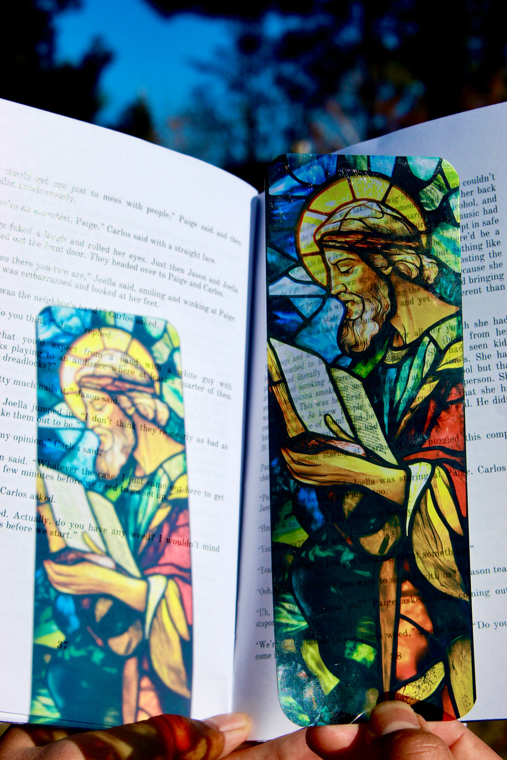 Handcrafted Christian bookmark with colorful stained-glass-style angel portrait