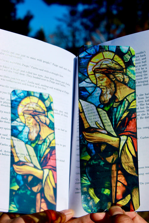 Handcrafted Christian bookmark with colorful stained-glass-style angel portrait