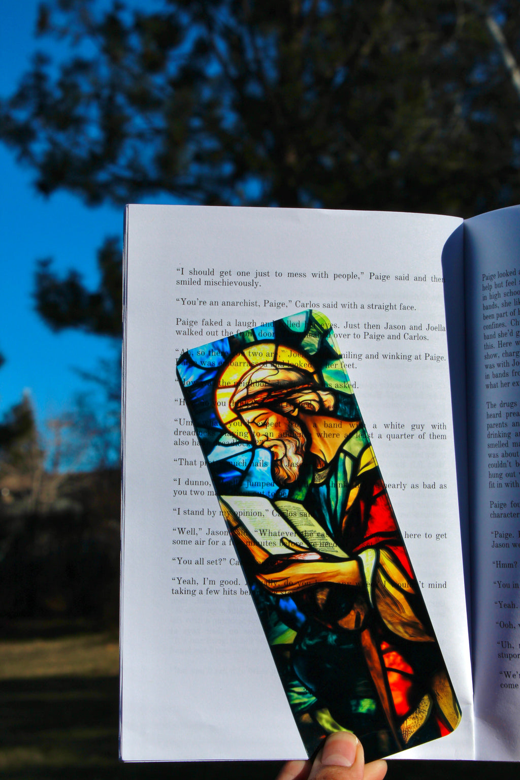 Stained-glass style Christian bookmark with angel figure on white backing