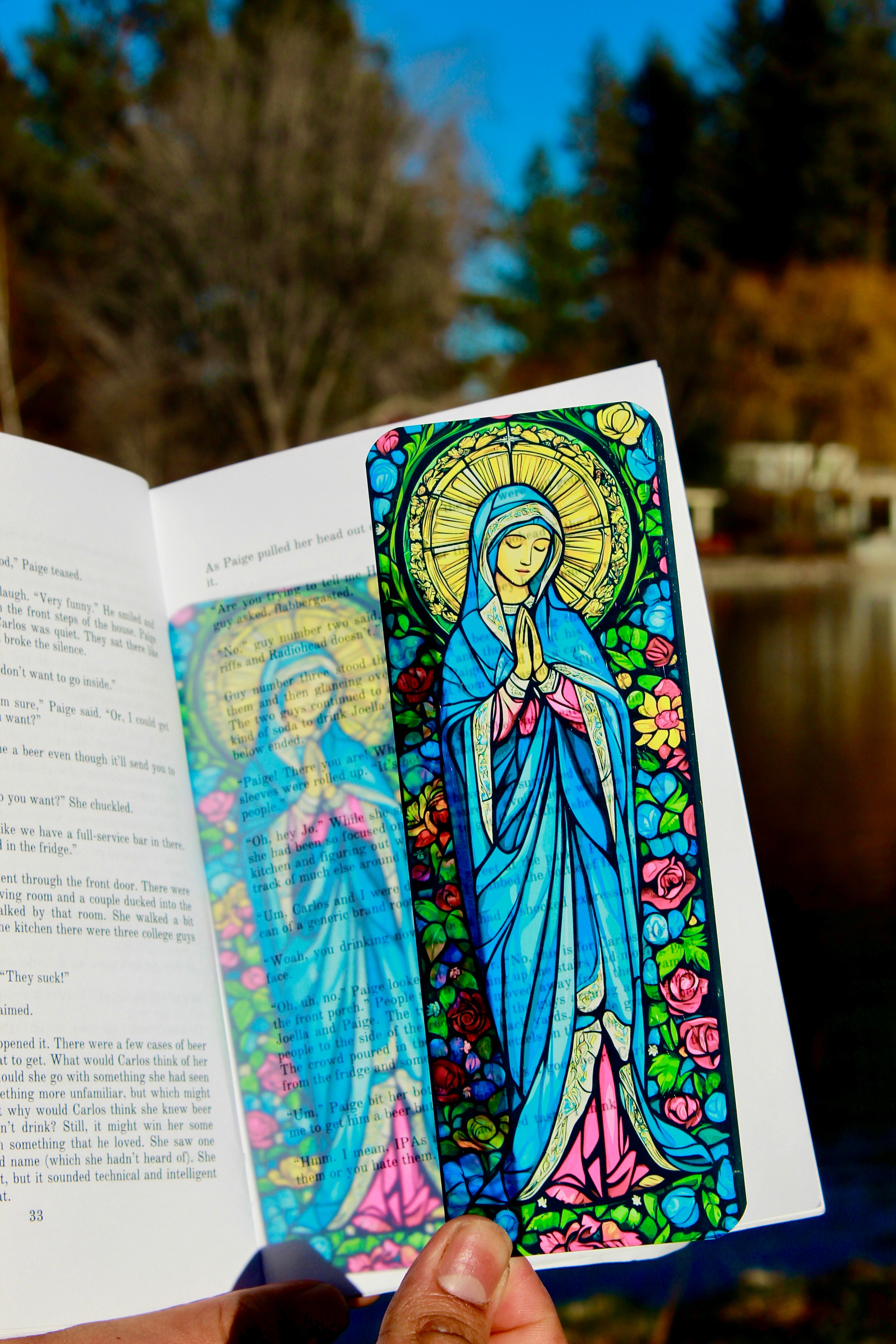 Virgin Mary bookmark, blue stained-glass robe and halo