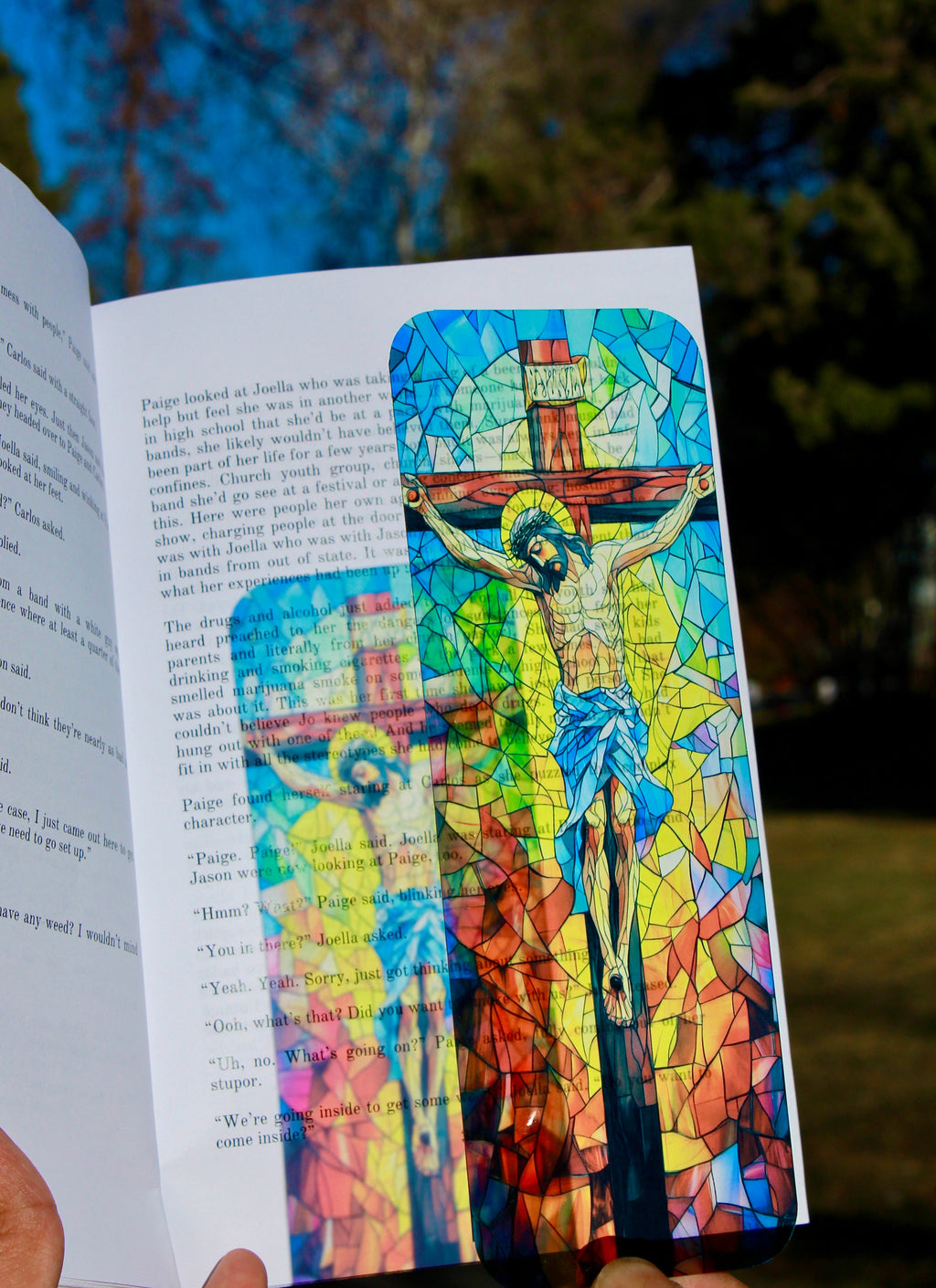 Handmade Christian bookmark with mosaic-style Jesus on the cross illustration
