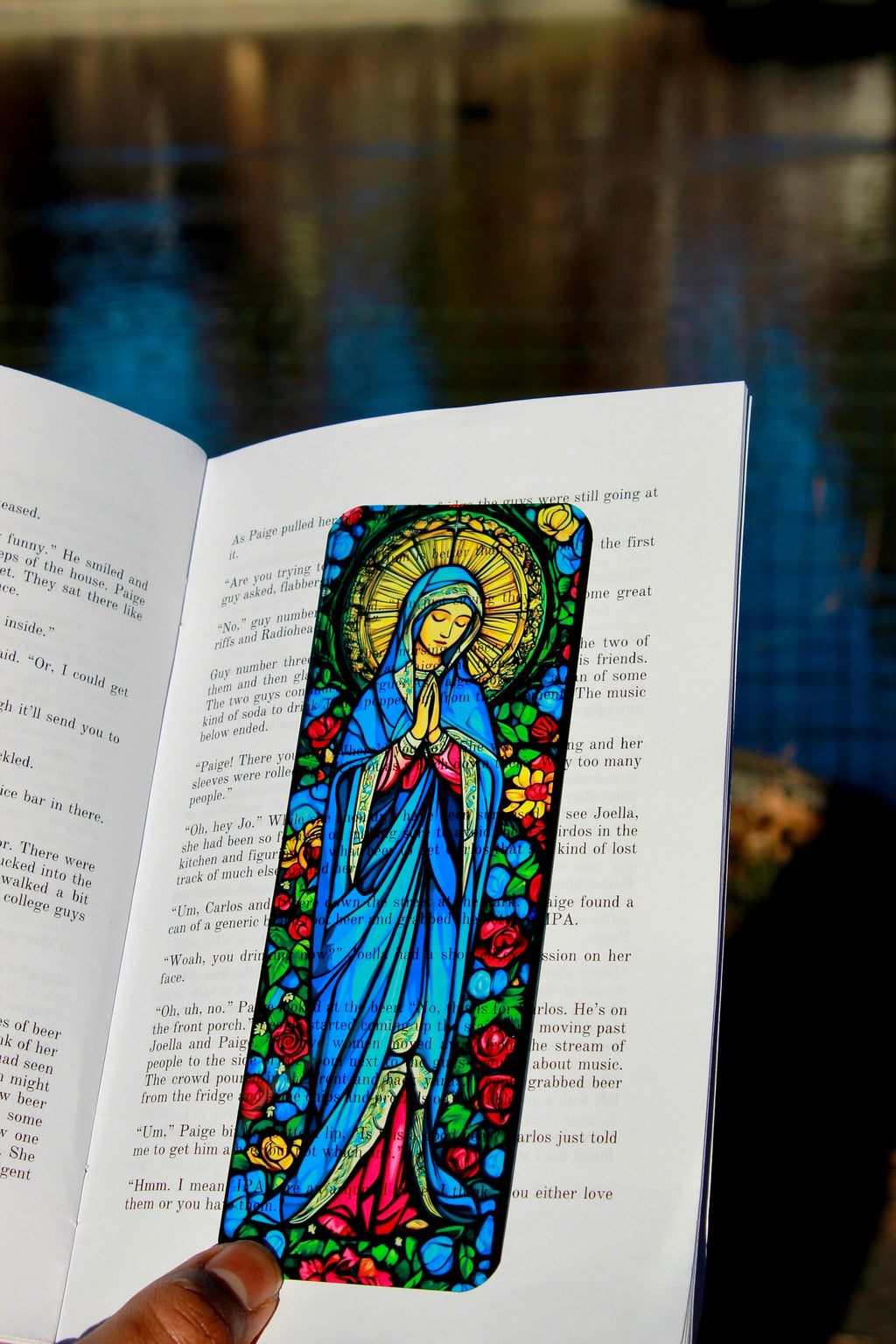 Virgin Mary bookmark, full figure stained-glass design with bright floral border