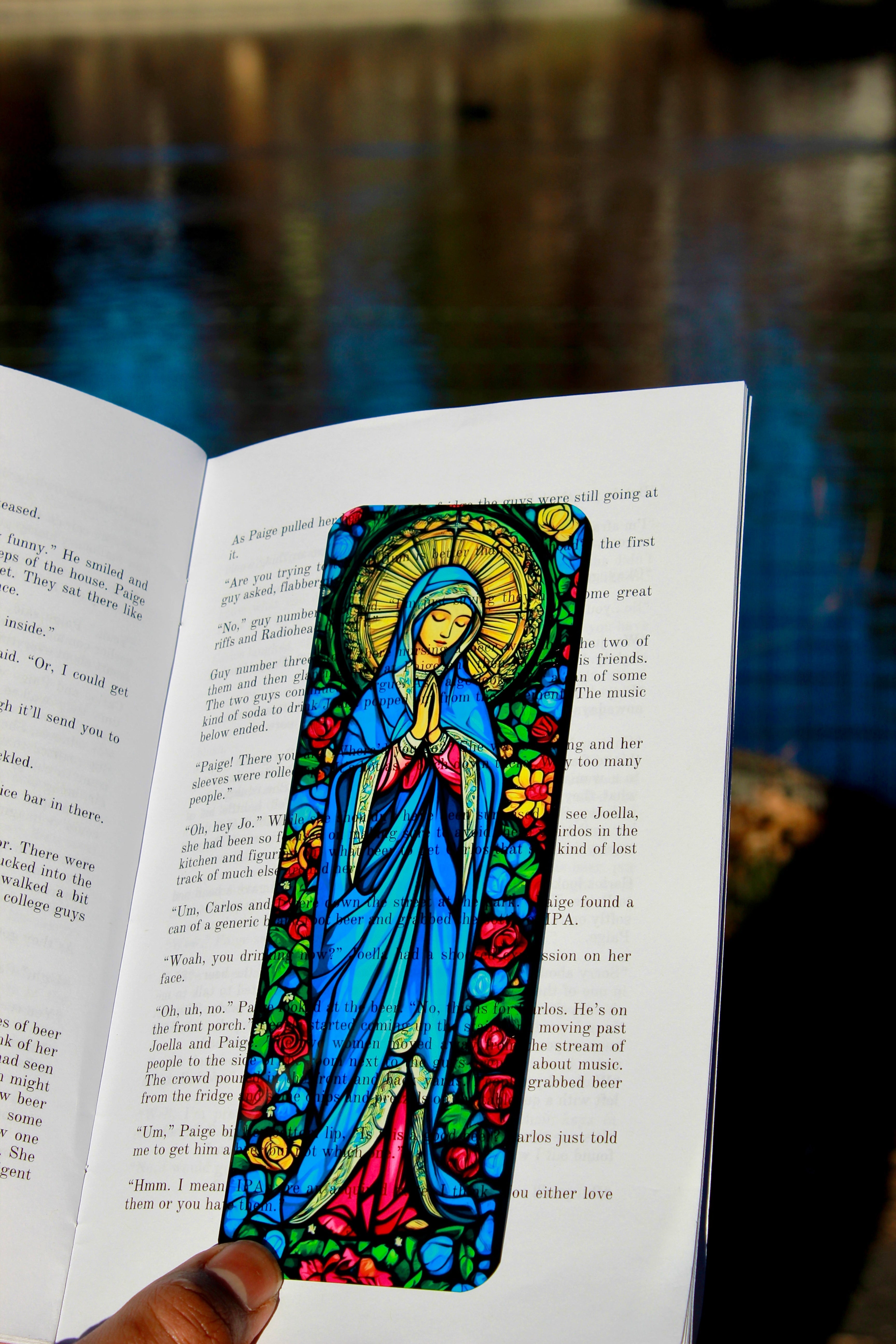 Virgin Mary bookmark, full figure stained-glass design with bright floral border