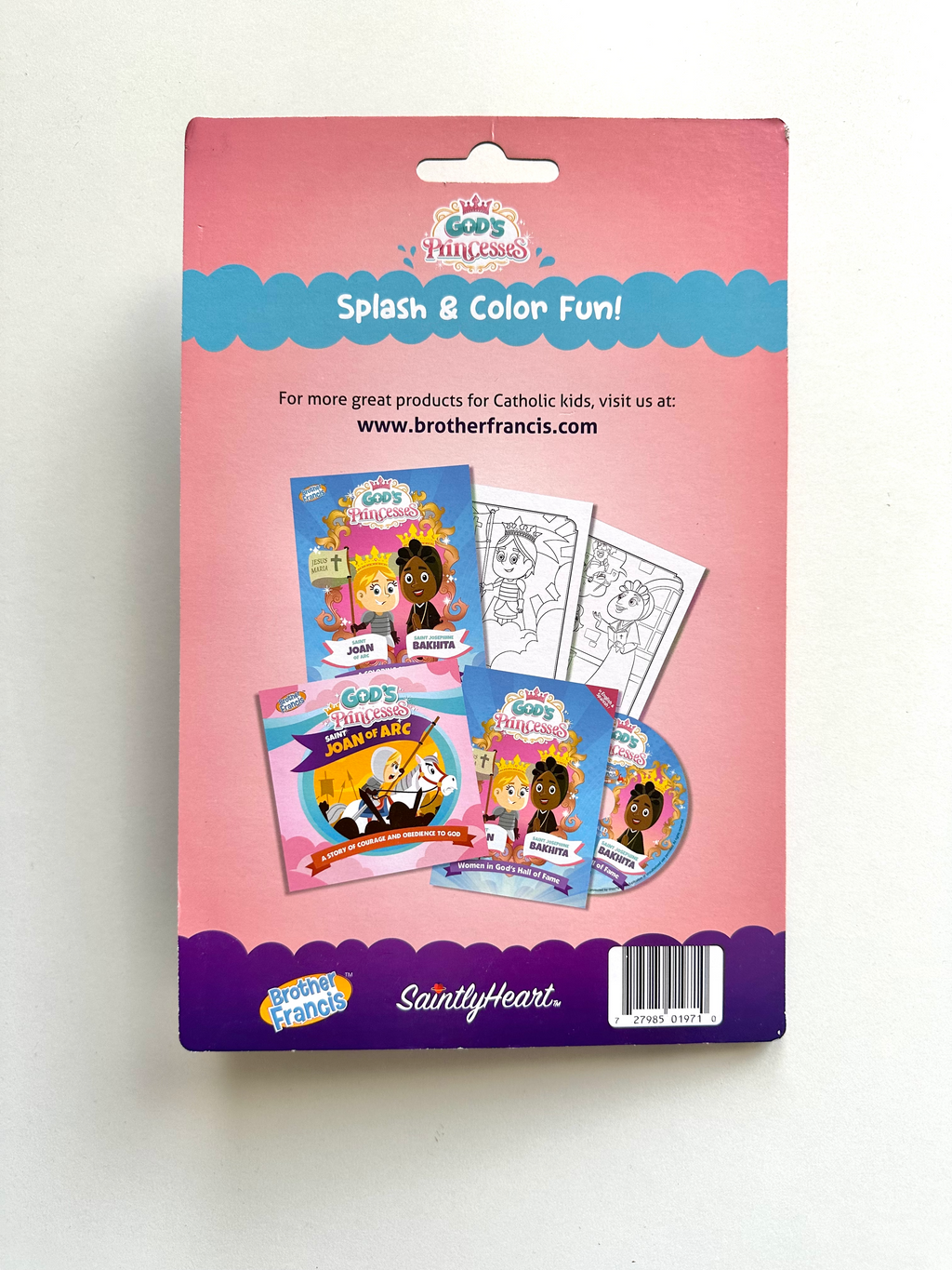Kids coloring book kit back cover showing product info and activities, Joan of Arc theme