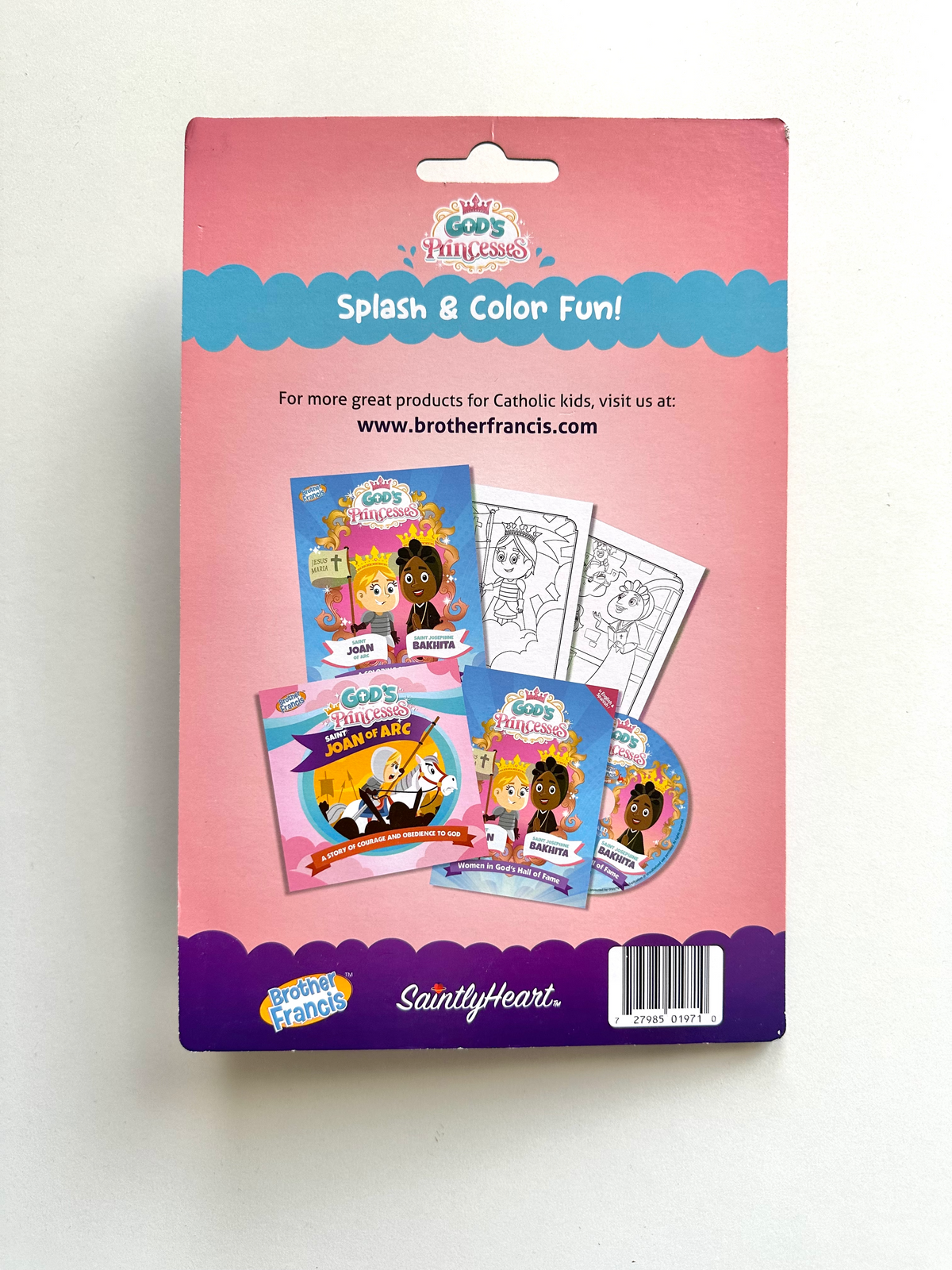 Kids coloring book kit back cover showing product info and activities, Joan of Arc theme