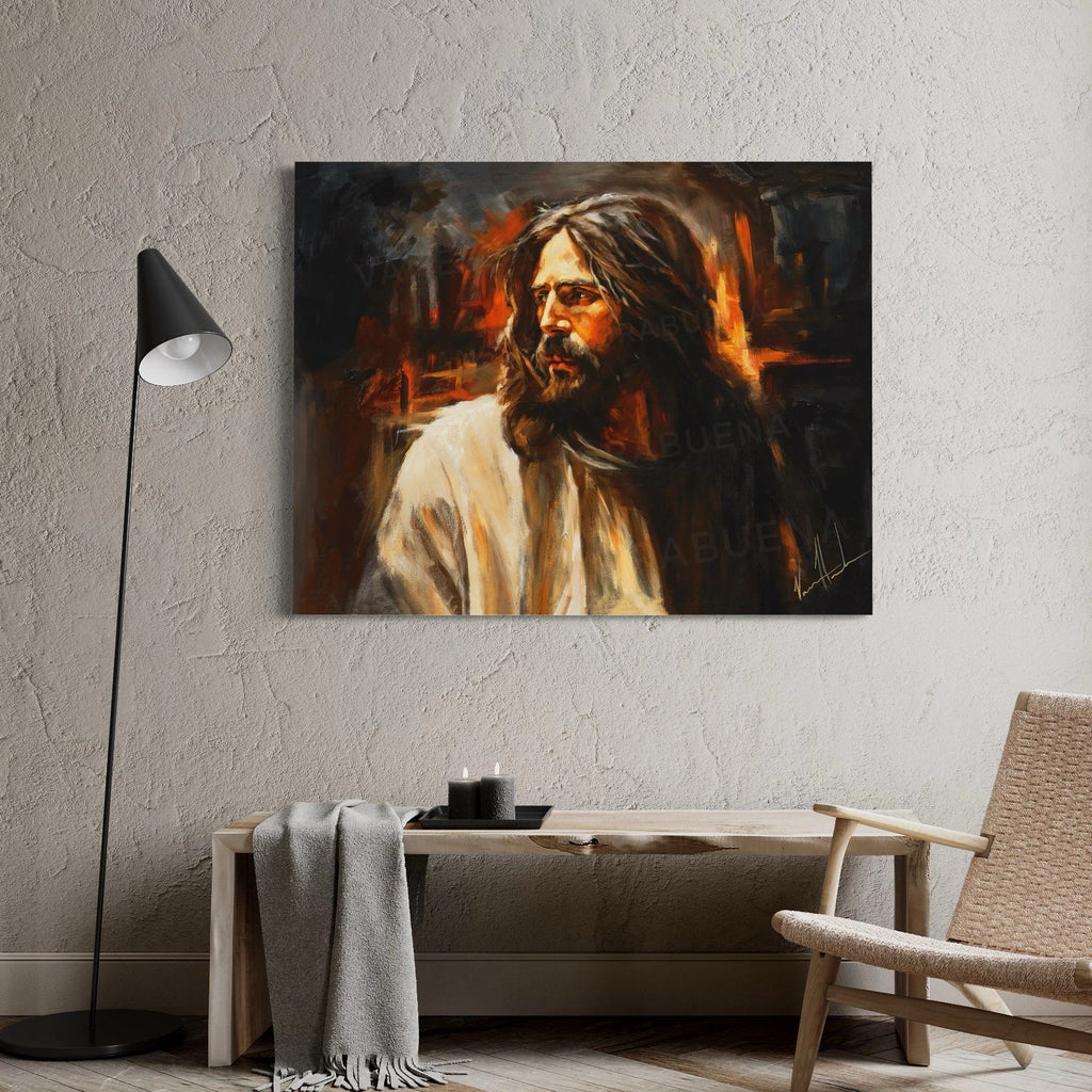 Rectangular canvas portrait of a bearded man with long hair and warm highlights.