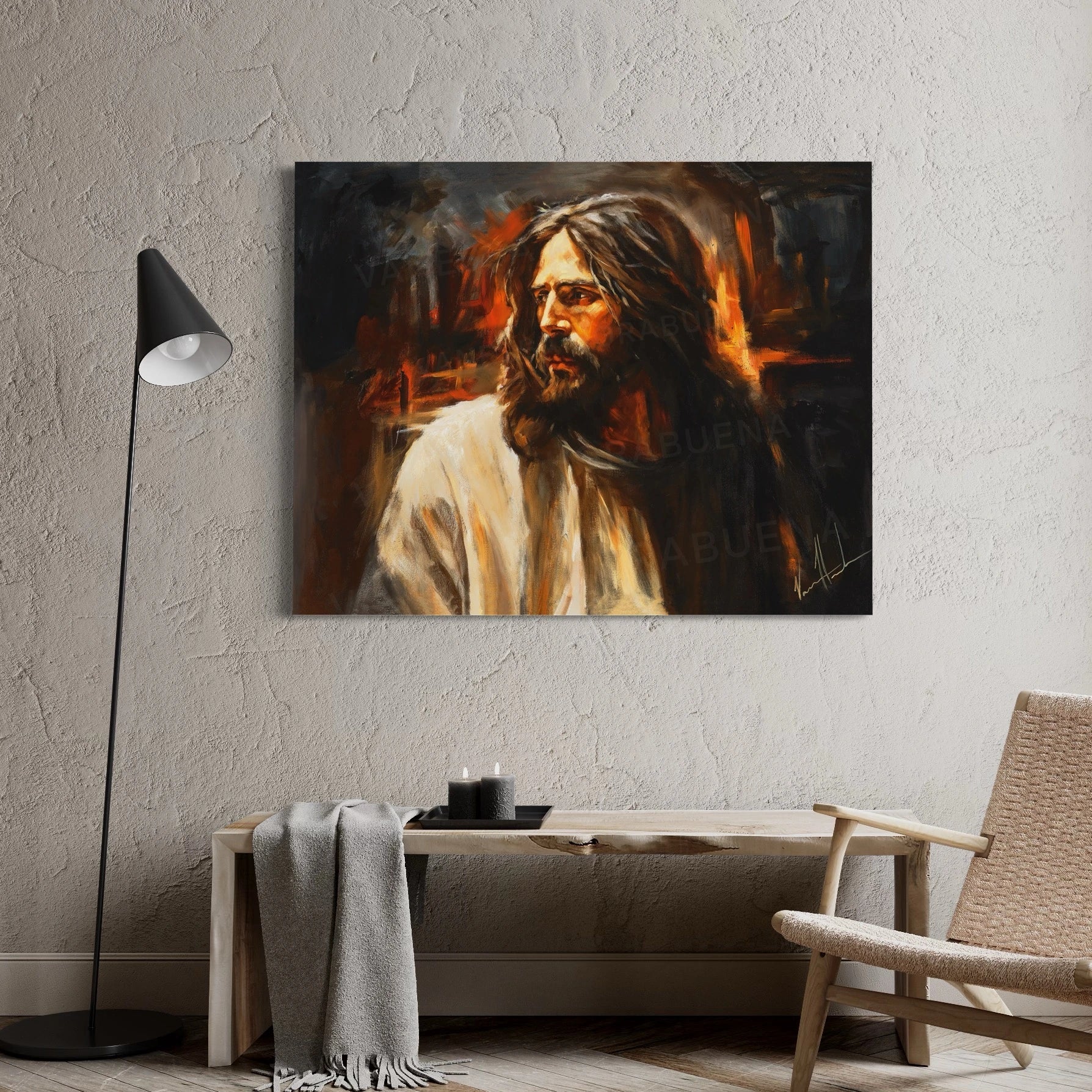 Rectangular canvas portrait of a bearded man with long hair and warm highlights.