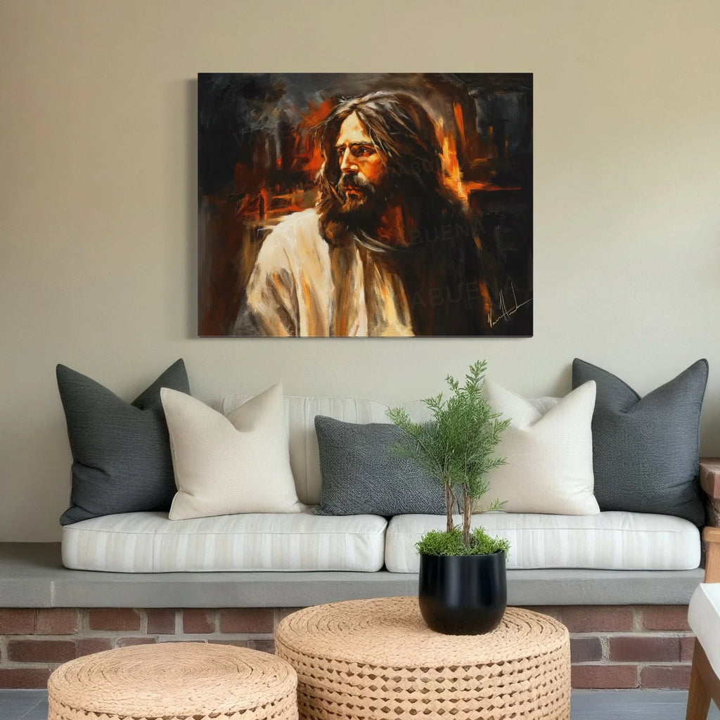 Our Beloved King wall print of a bearded man in a white robe above cushions