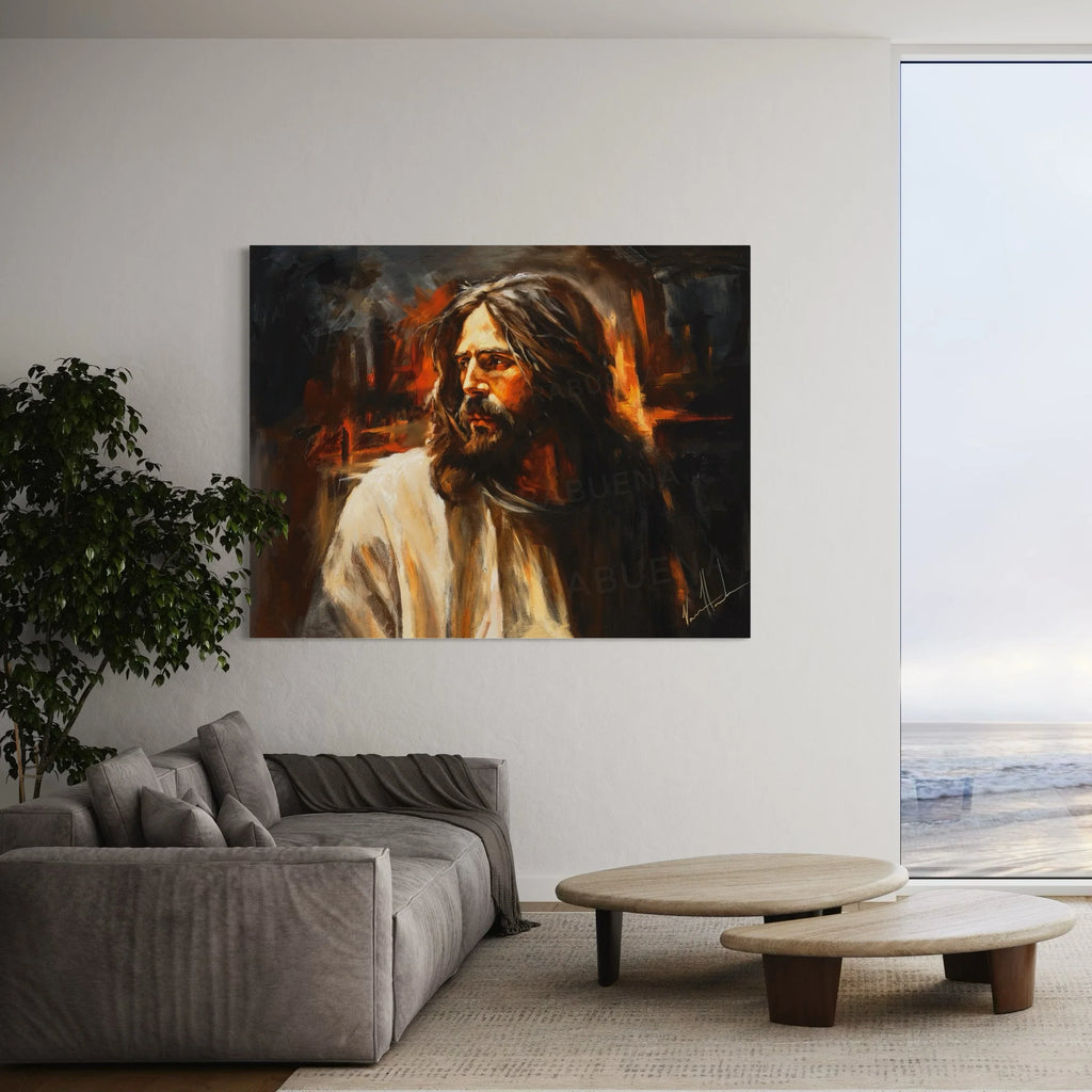 Our Beloved King wall print of a bearded man in a white robe on a light wall