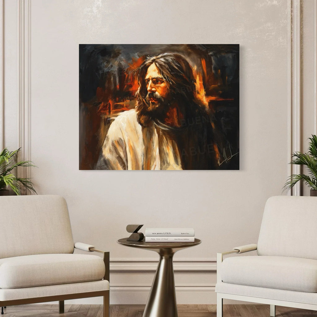 Framed portrait artwork of a bearded man looking left, with warm orange highlights.