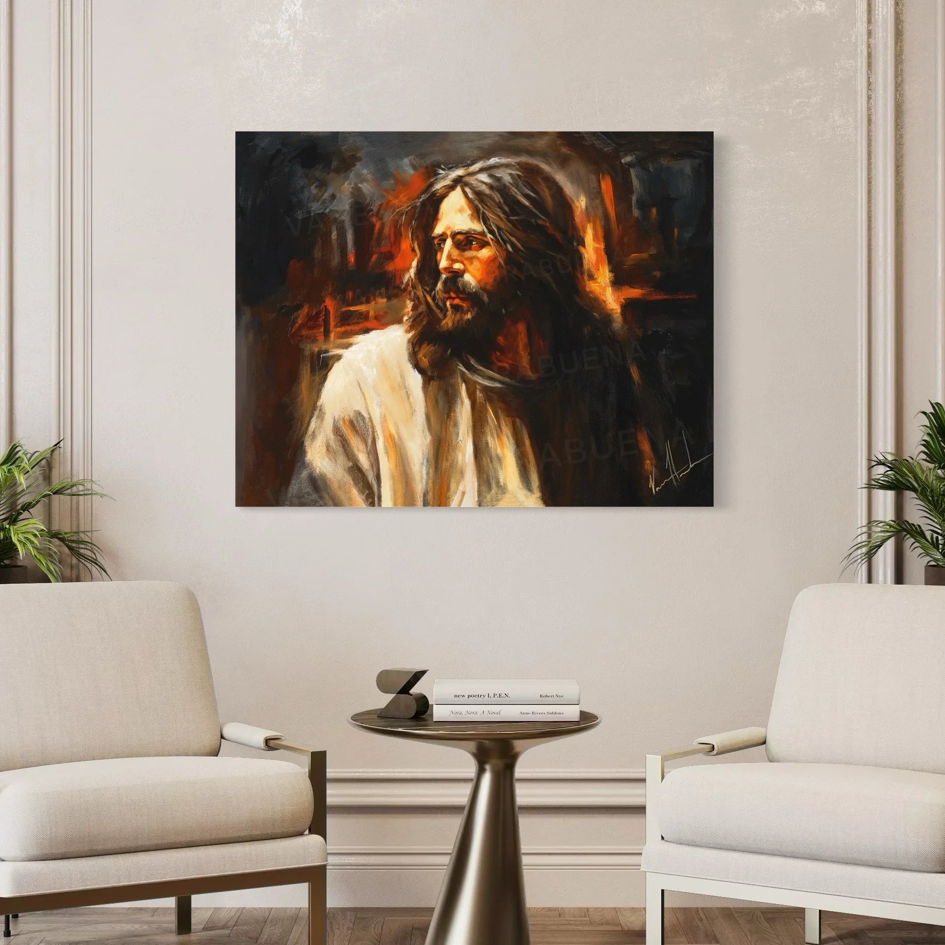 Framed portrait artwork of a bearded man looking left, with warm orange highlights.