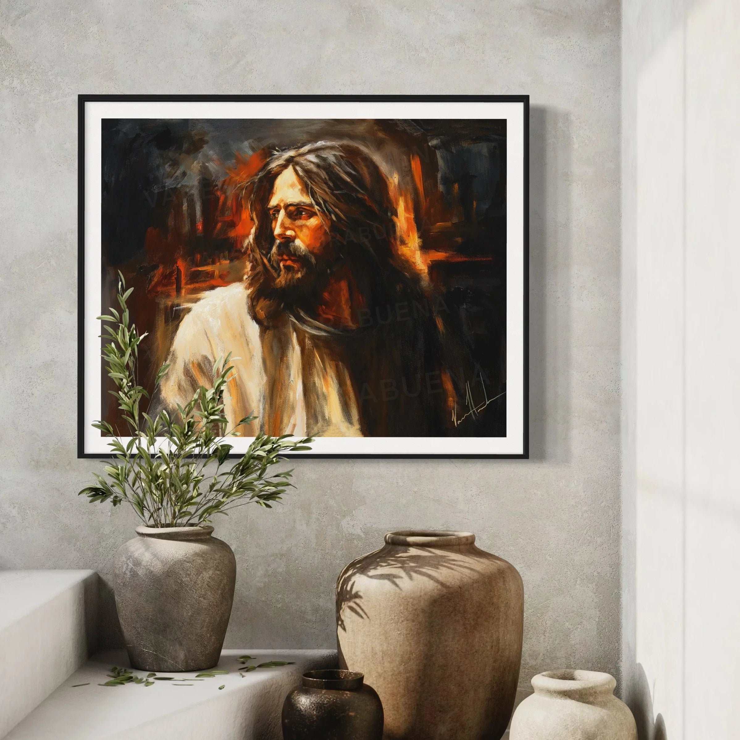 Framed portrait artwork of a bearded man in warm tones, wall-mounted.