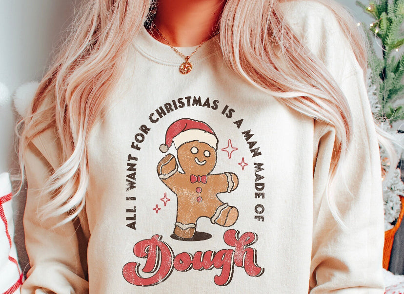 Cream graphic tee with gingerbread man text and red "Dough" design
