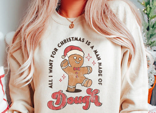 Cream graphic tee with gingerbread man text and red "Dough" design
