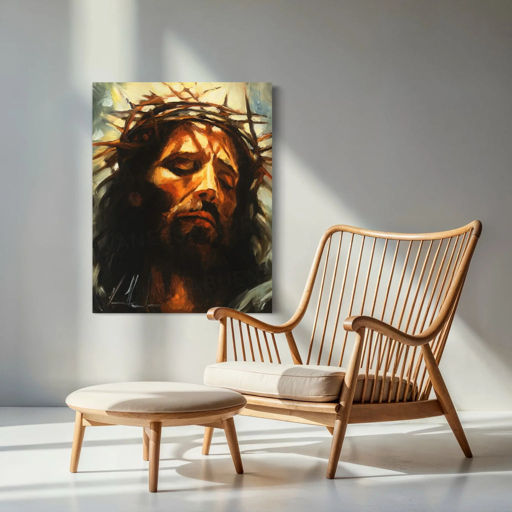 Bearded Jesus portrait wall art print in warm orange, dark brown, and blue accents