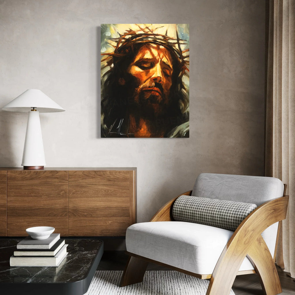 Bearded Jesus portrait wall art print with warm orange highlights on dark hair