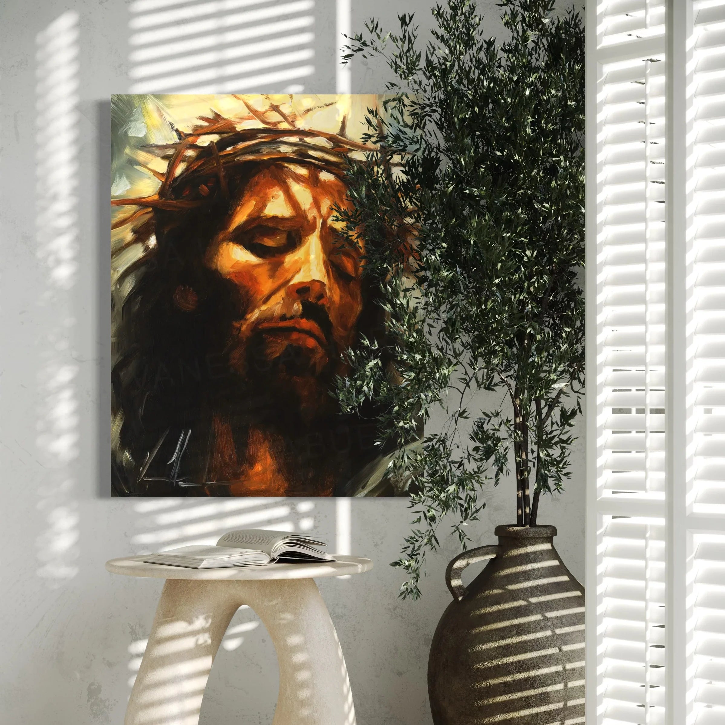 Bearded Jesus portrait wall art print with warm orange face and dark shadows
