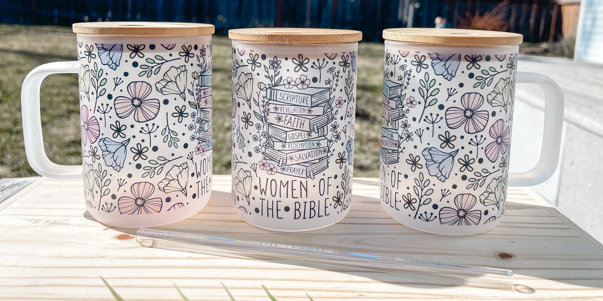 Frosted glass coffee mug with floral pattern and 'Women of the Bible' text