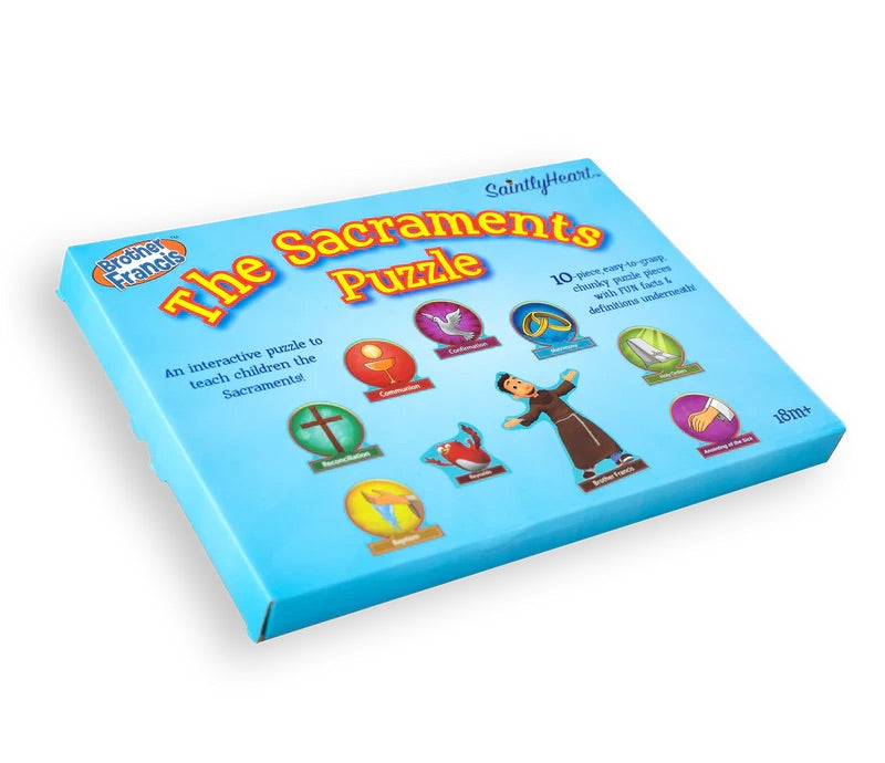 Blue Sacraments jigsaw puzzle with illustrated symbols and title cover