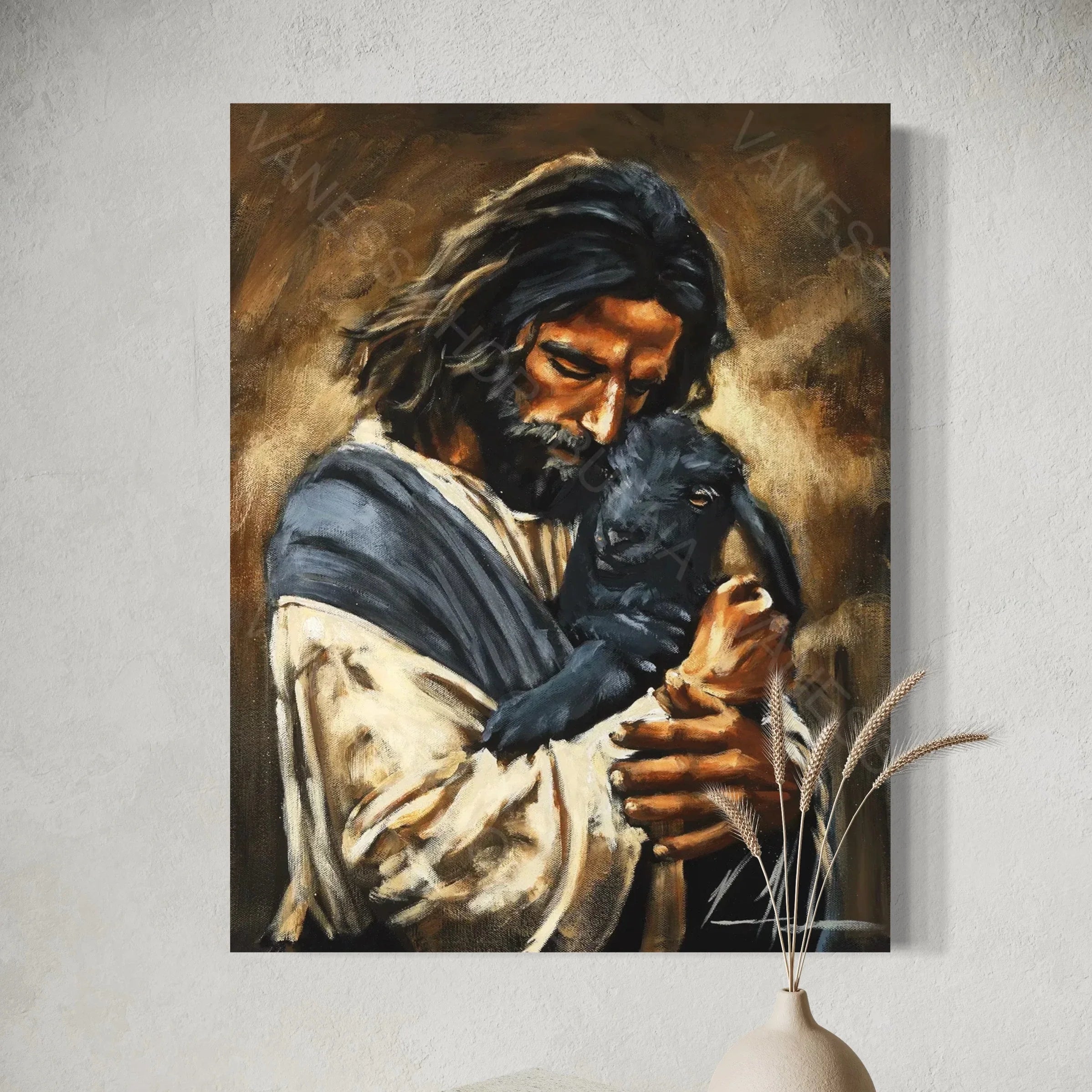 Art print on wall showing a man gently holding a black dog, brown background tones