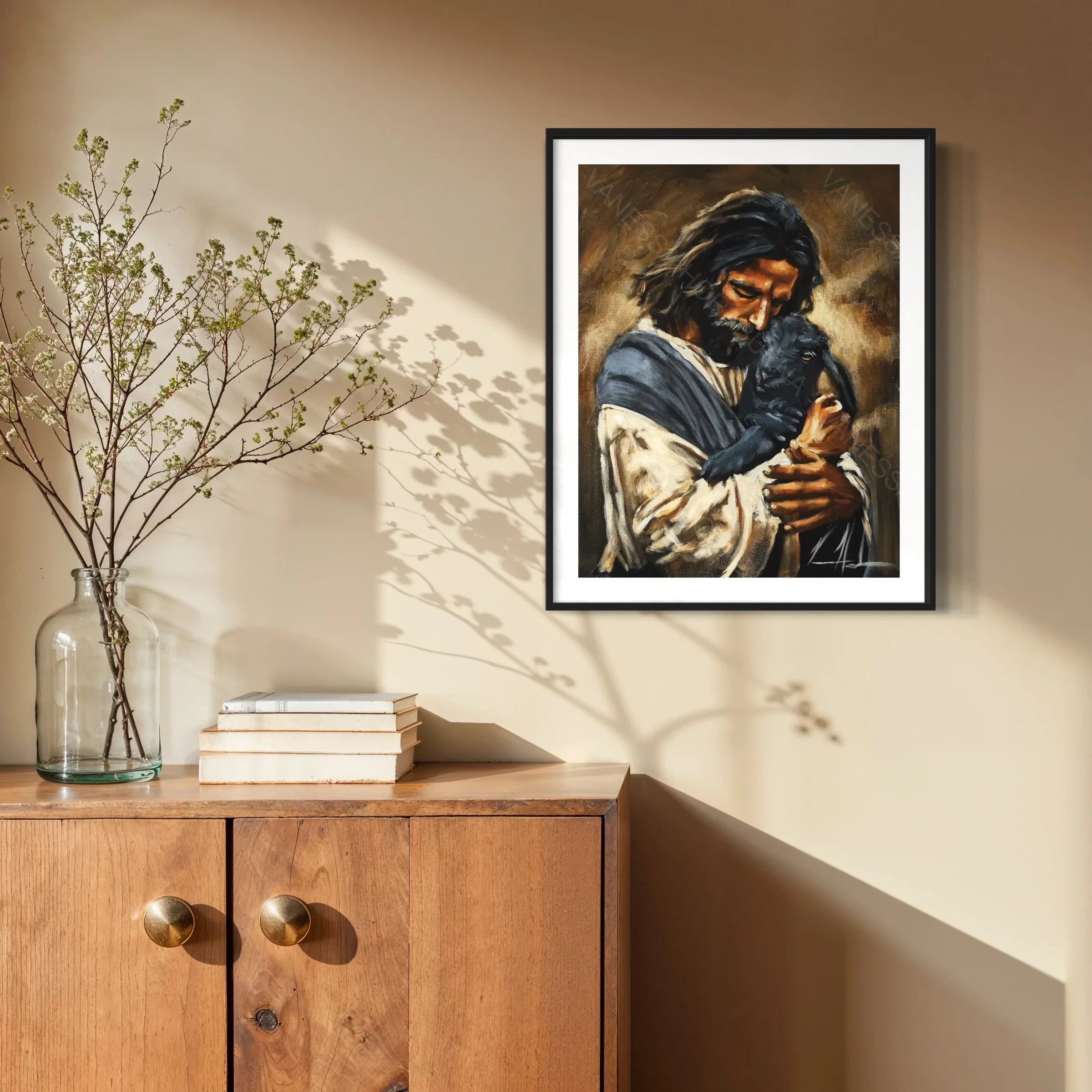 Framed canvas wall art depicting a person holding a child, dark warm tones