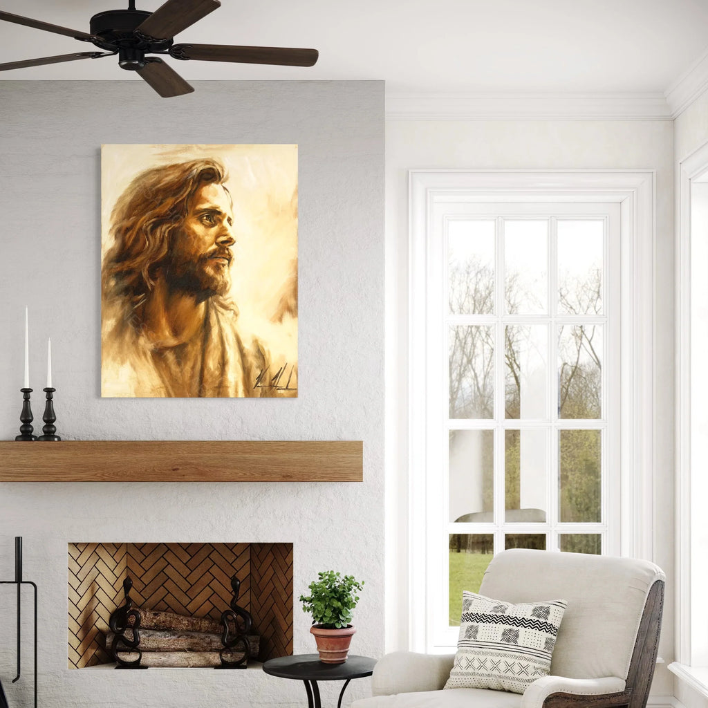 Portrait wall art print of a long-haired bearded man, warm sepia tones, mounted on wall.