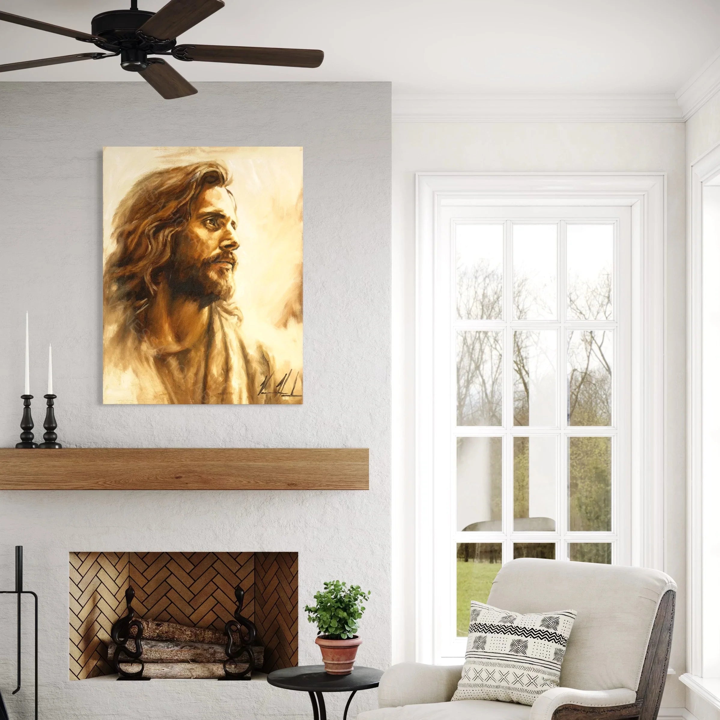 Portrait wall art print of a long-haired bearded man, warm sepia tones, mounted on wall.
