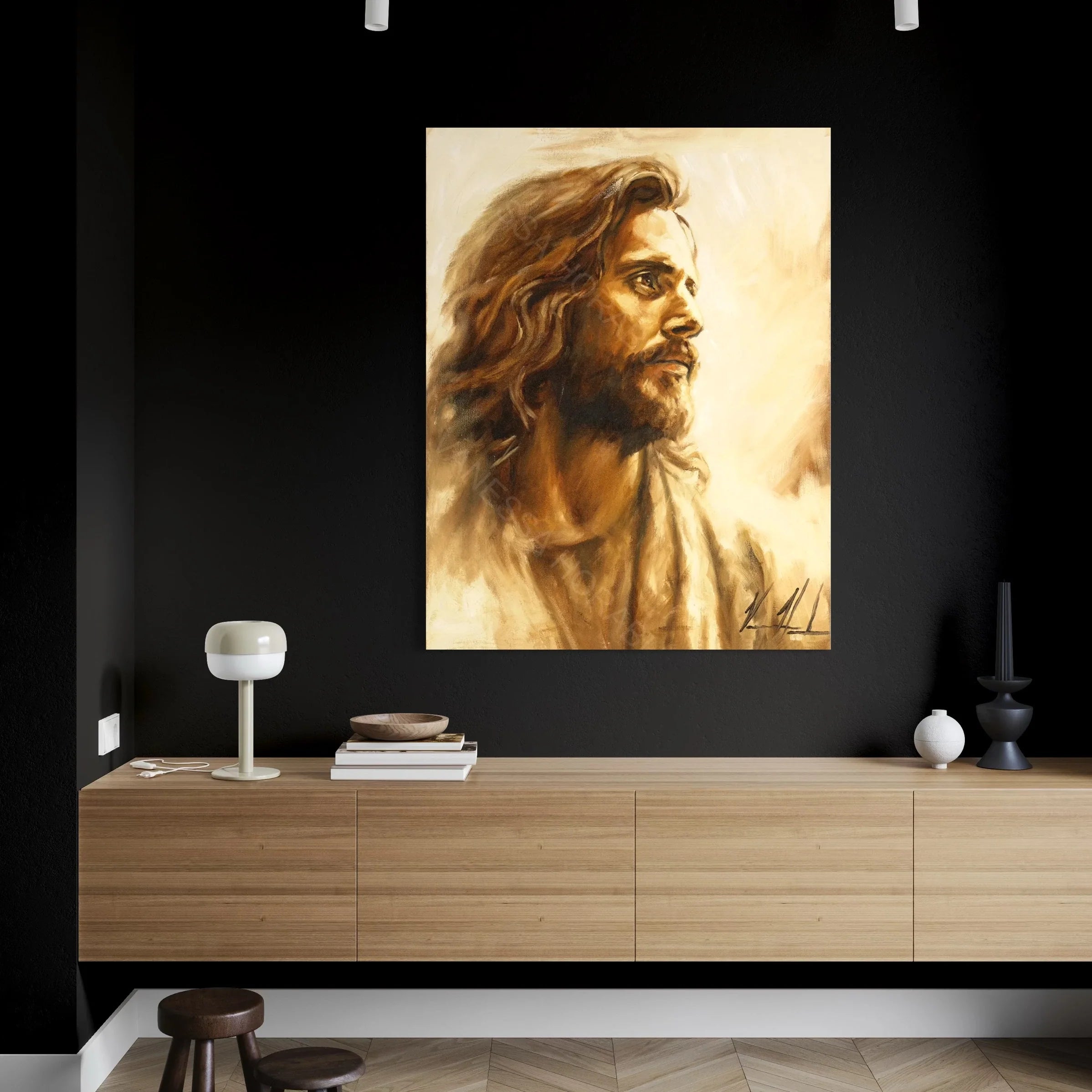 Portrait wall art print of a long-haired bearded man in warm sepia tones, centered on wall.