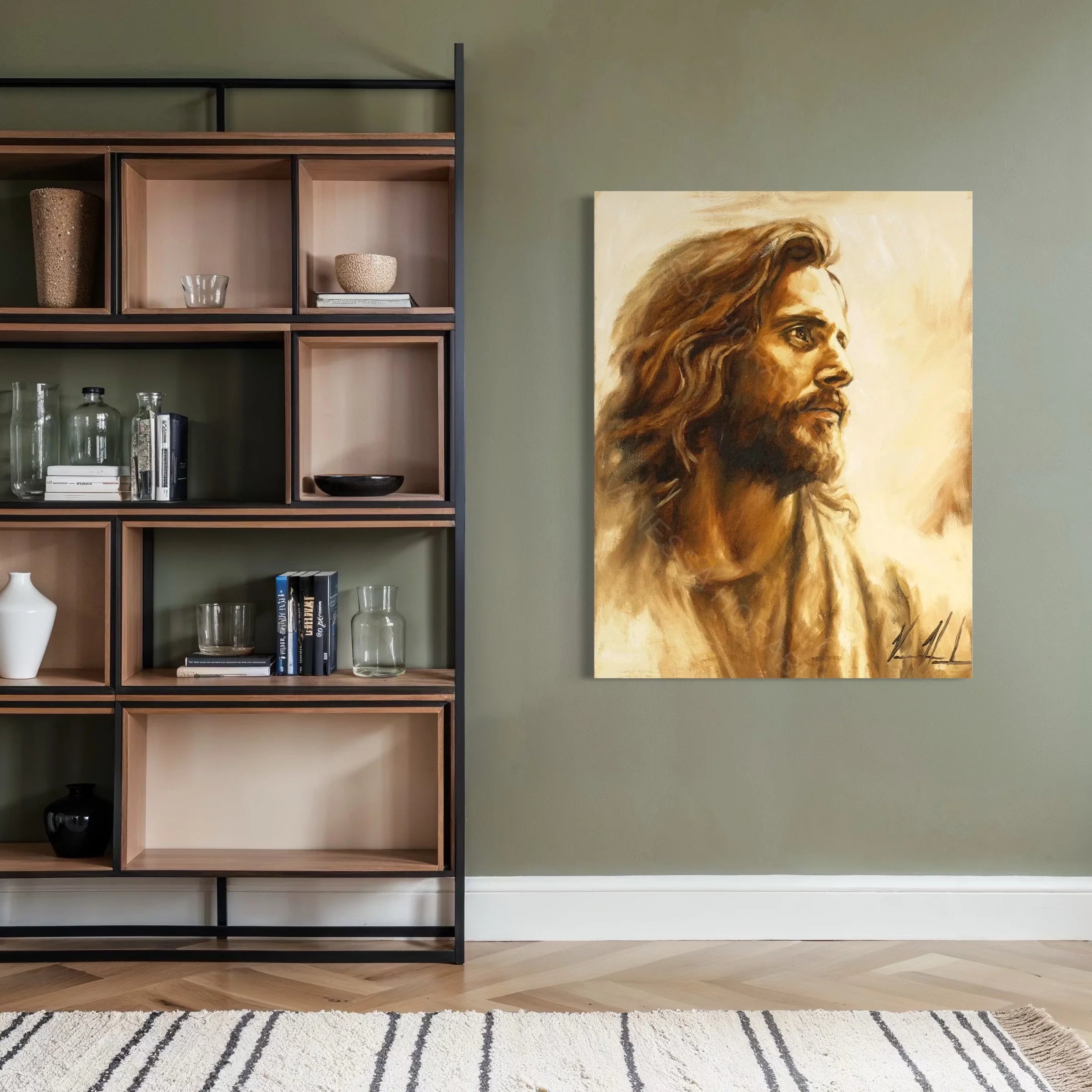 Portrait wall art print of a long-haired bearded man in warm sepia tones, displayed on wall.