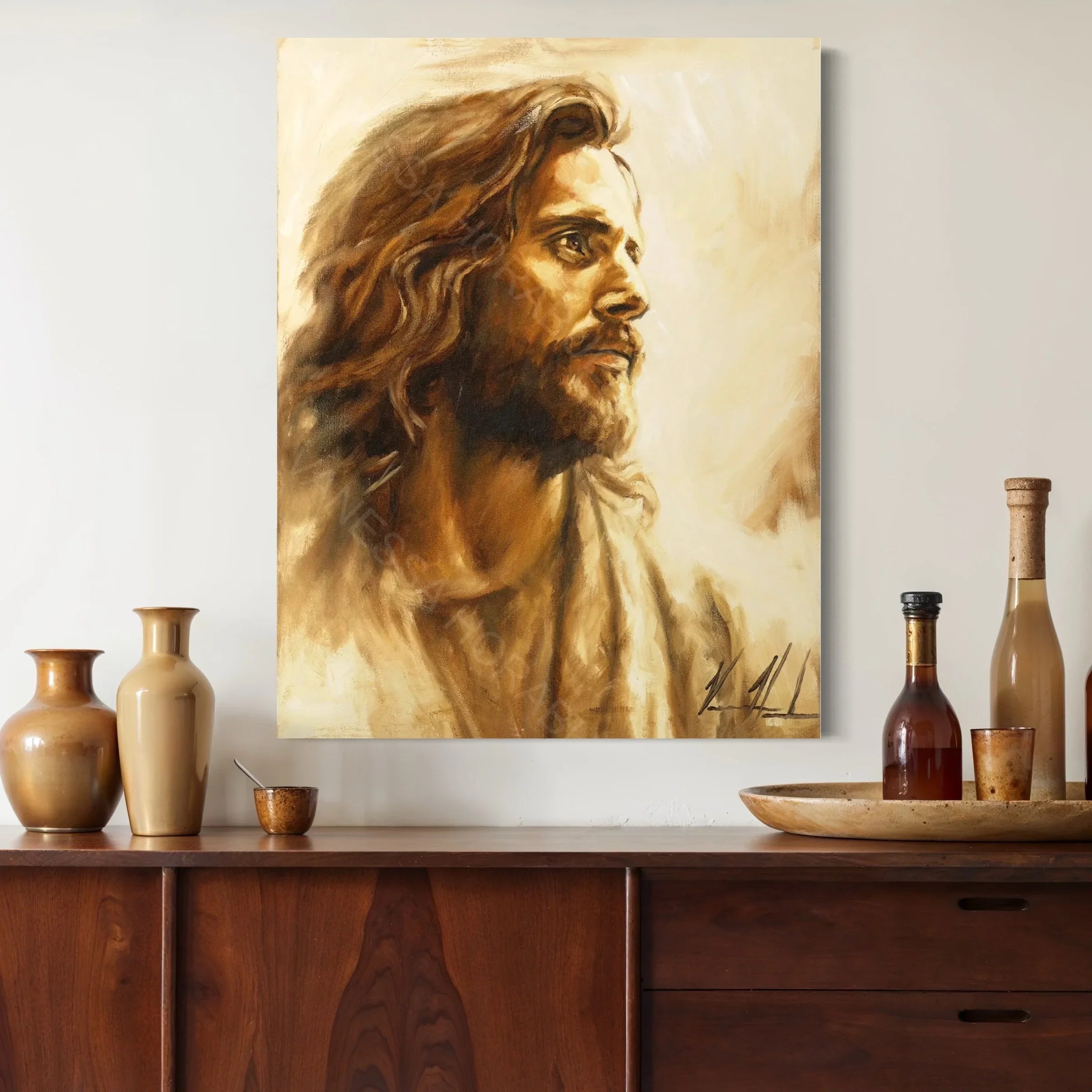 Framed portrait print of a bearded man in profile with golden tones