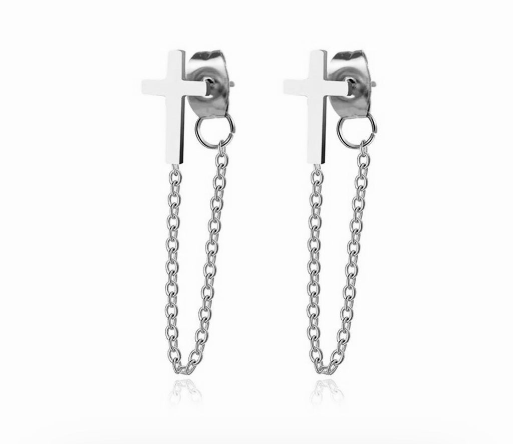 Silver cross tassel chain hoop earrings with linked hanging drops