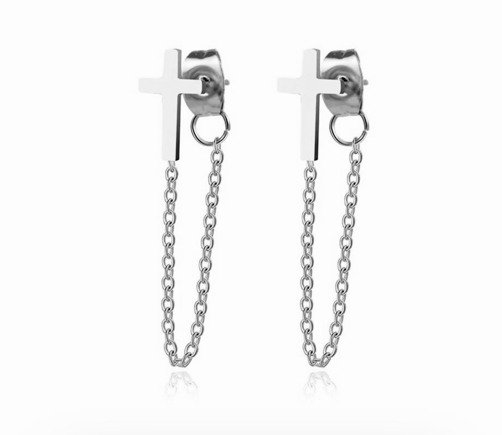 Silver cross tassel chain hoop earrings with linked hanging drops