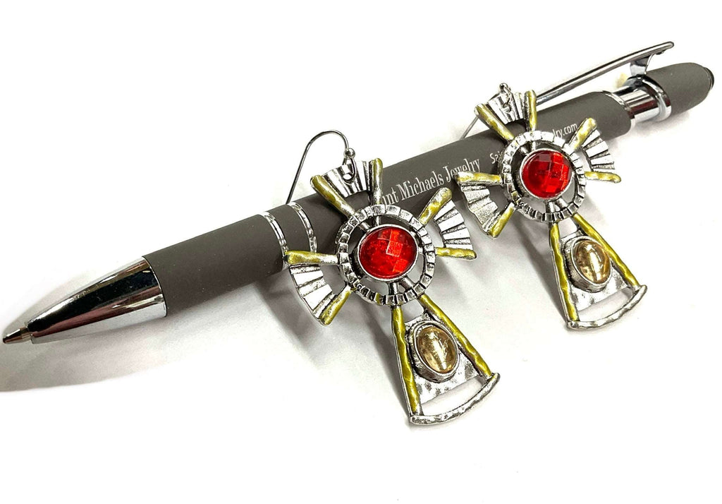 Cross drop earrings with red round stones, gold-tone side details, silver-tone chains