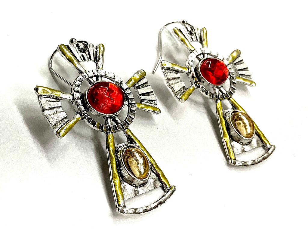 Cross dangle earrings with red center stones and gold-tone yellow accents, silver setting