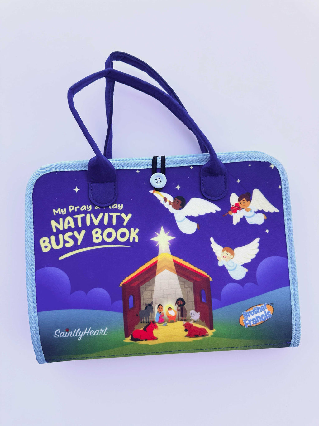 Blue nativity busy book with carry handles and manger cover illustration