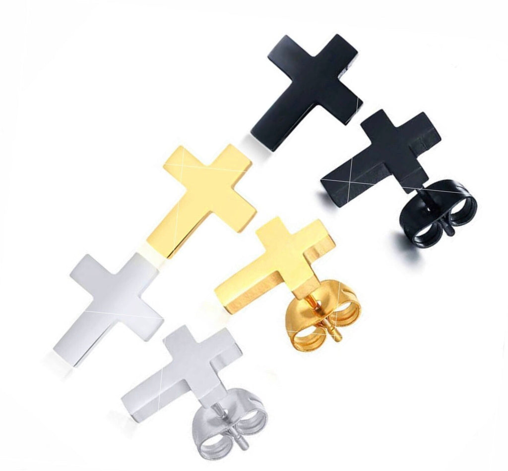 Cross stud earrings set in black, gold, and silver with post backs