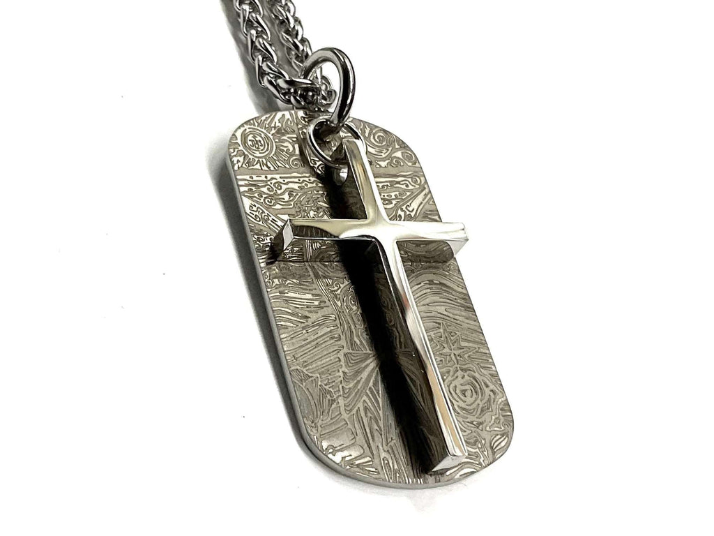 Engraved dog tag pendant with vertical cross overlay, silver-toned heavy chain