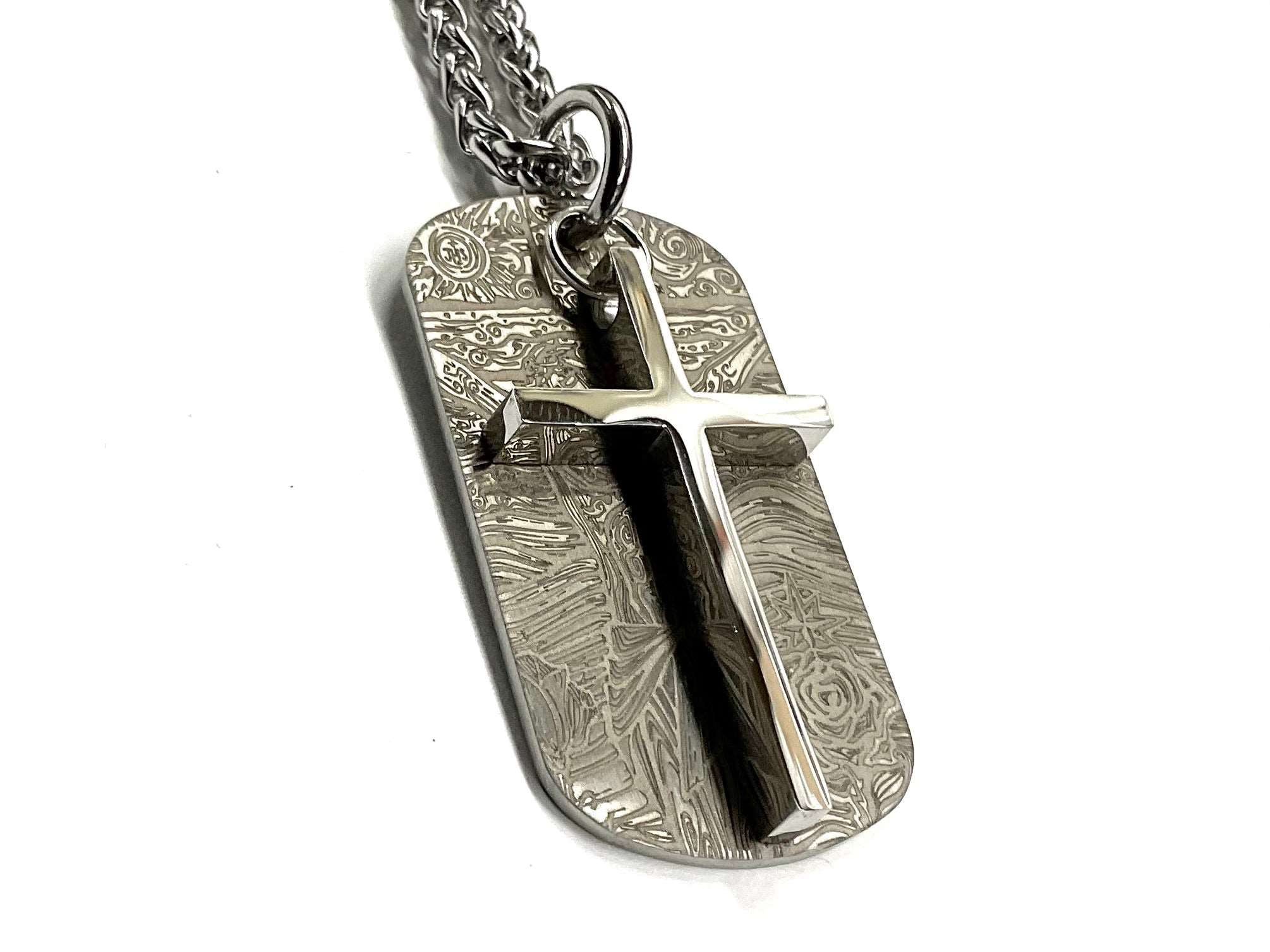 Engraved dog tag pendant with vertical cross overlay, silver-toned heavy chain