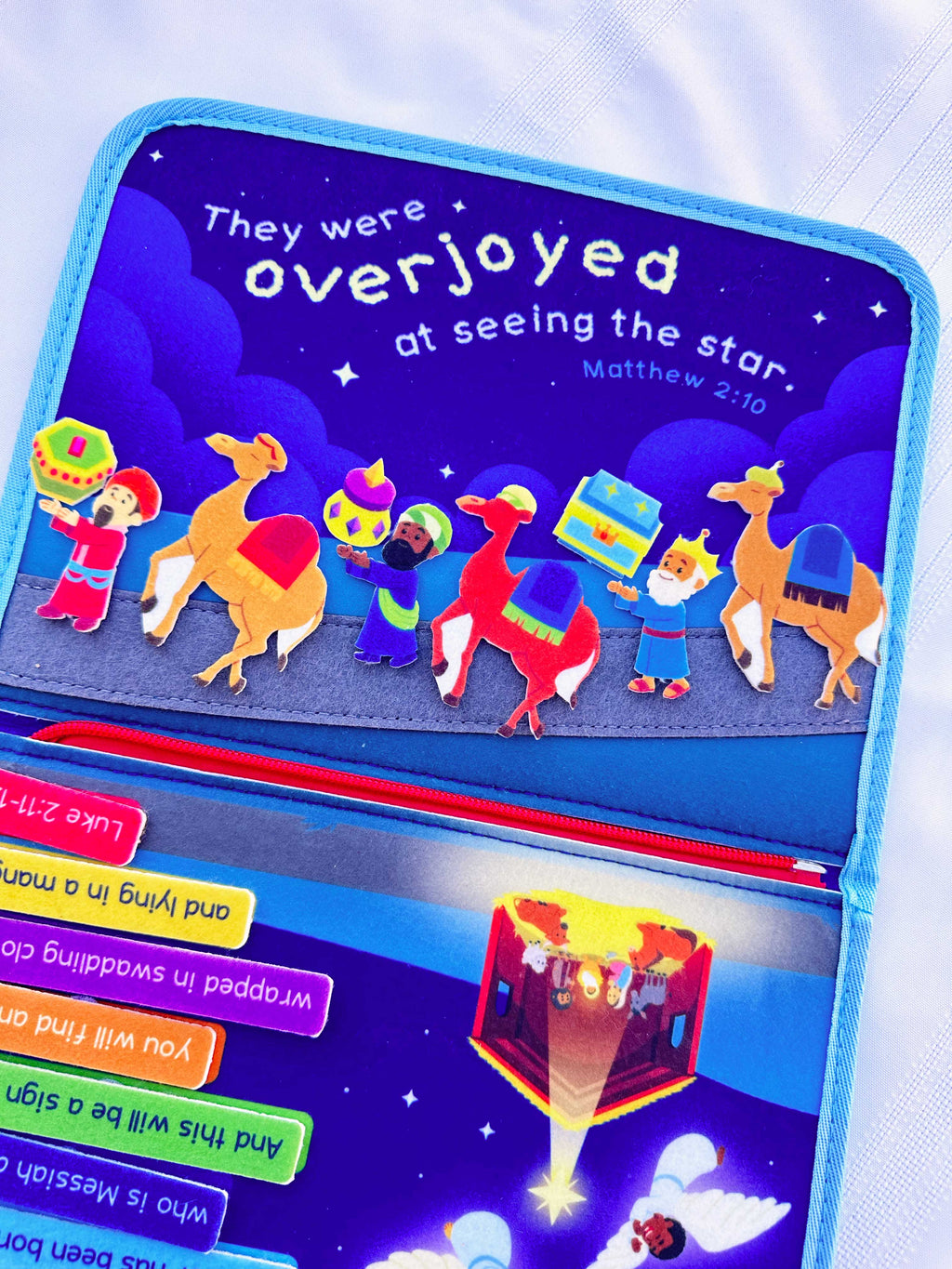 Blue nativity busy book page with manger scene and felt characters