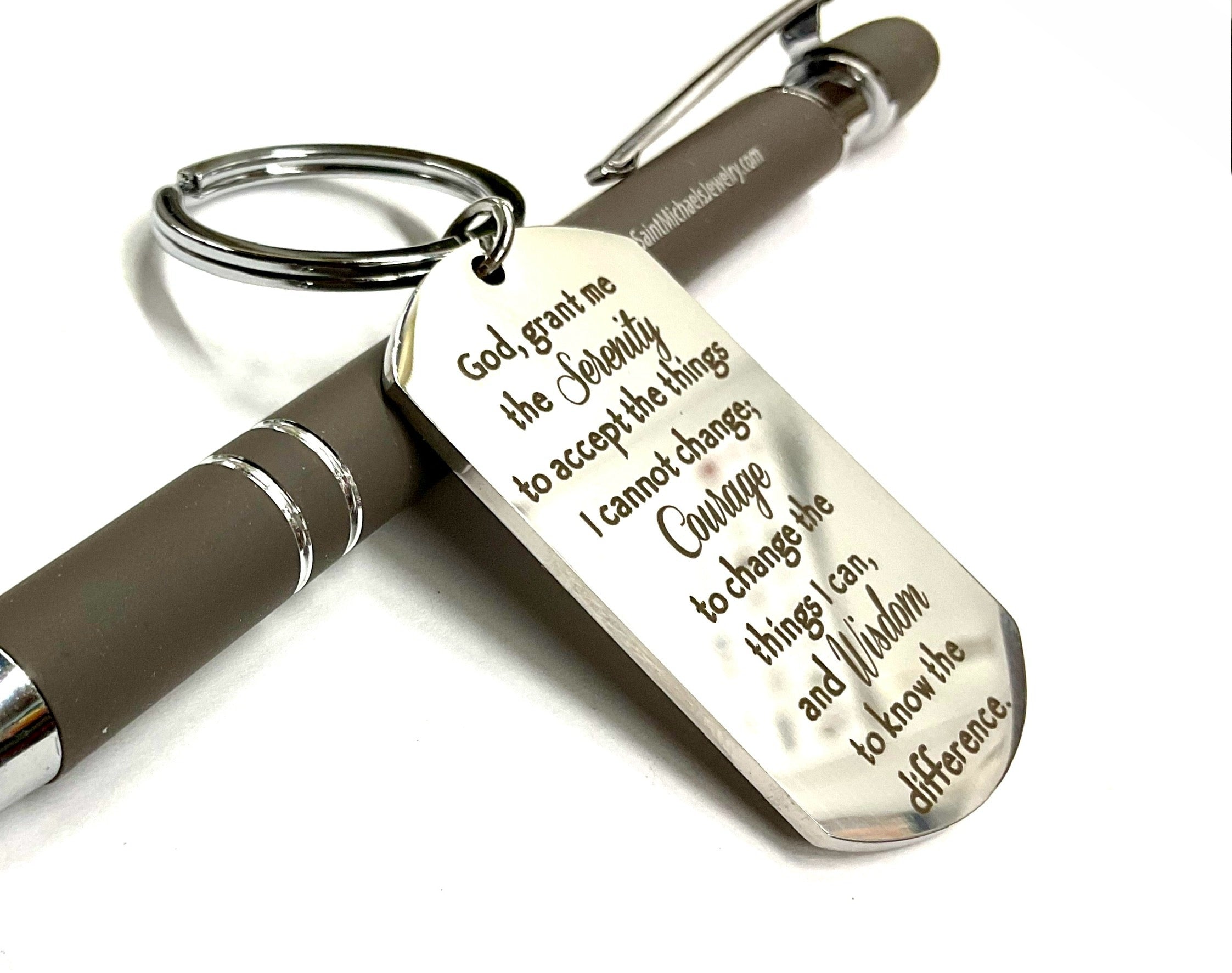 Silver dog tag keychain pendant with Serenity Prayer text, key ring and strap loop
