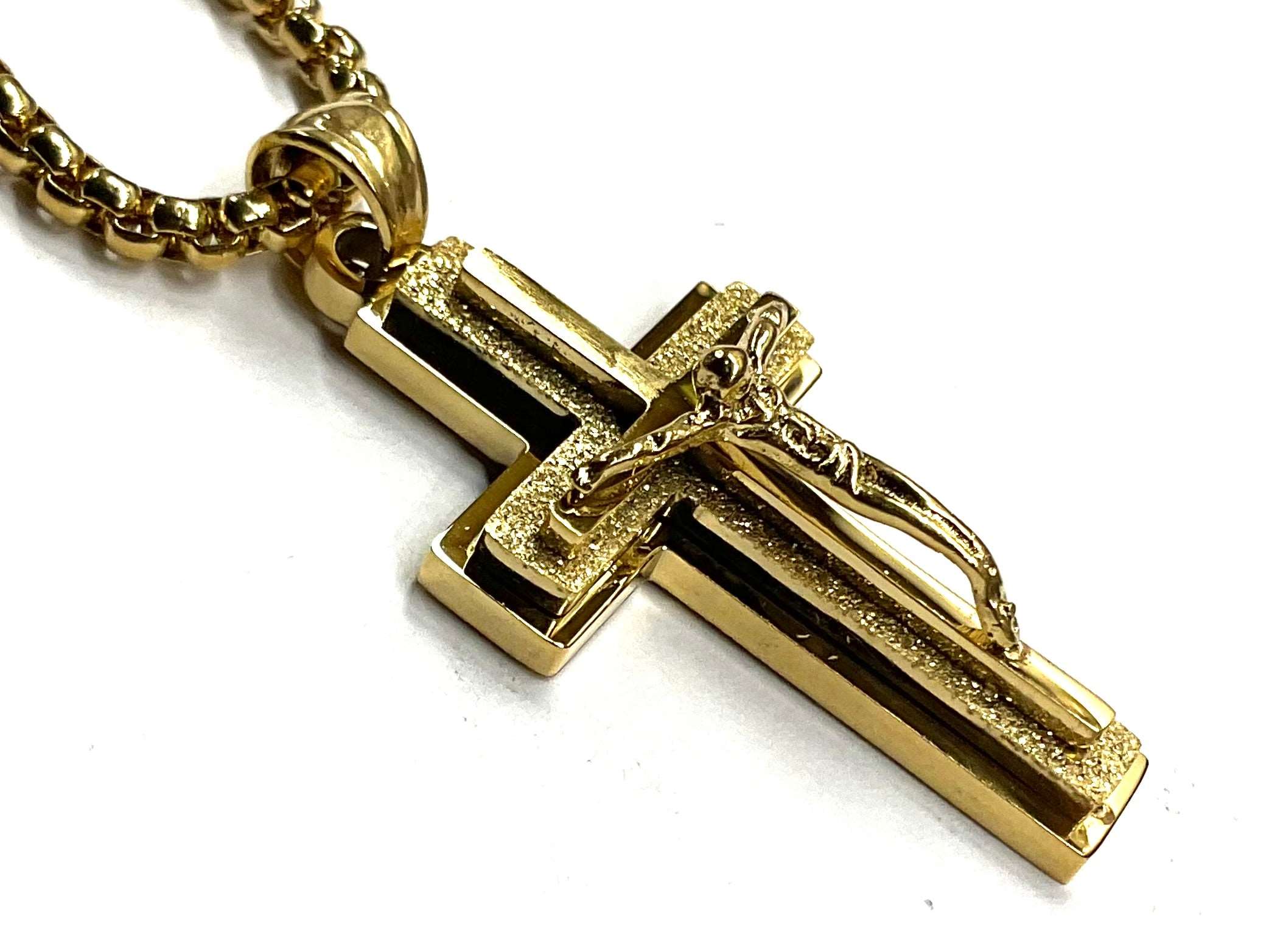 Gold crucifix cross pendant necklace with black inlay and box chain