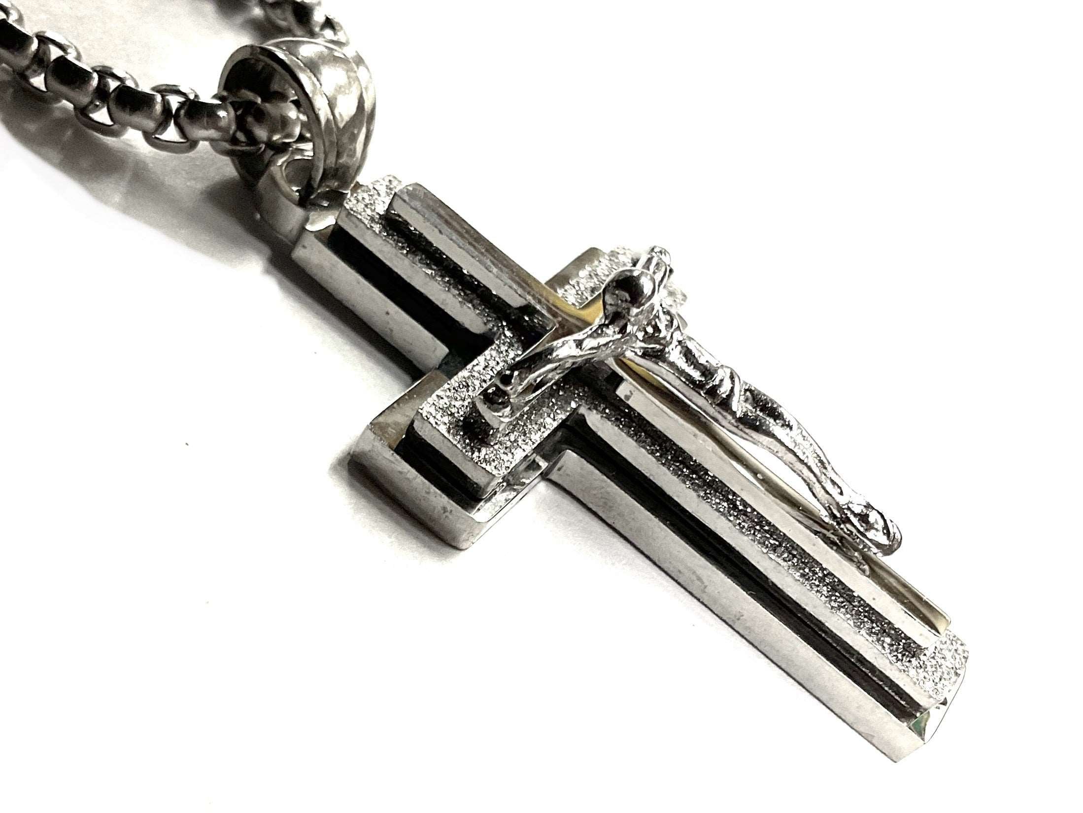 Silver crucifix cross pendant necklace with black inlay and box chain