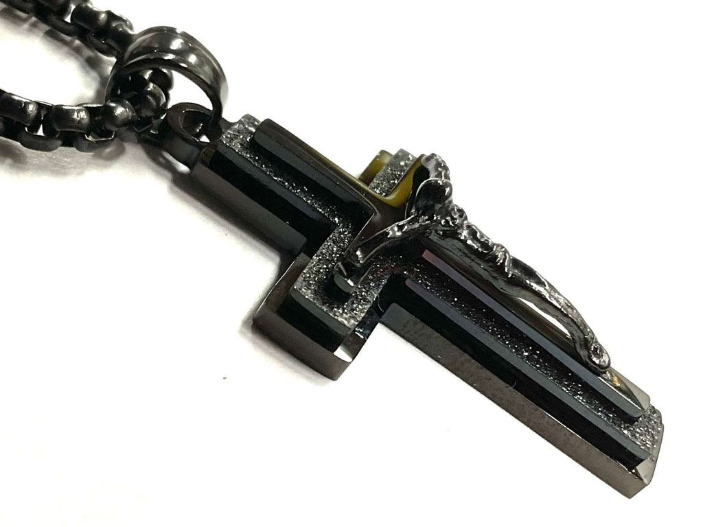 Black crucifix cross pendant necklace with silver accents and box chain