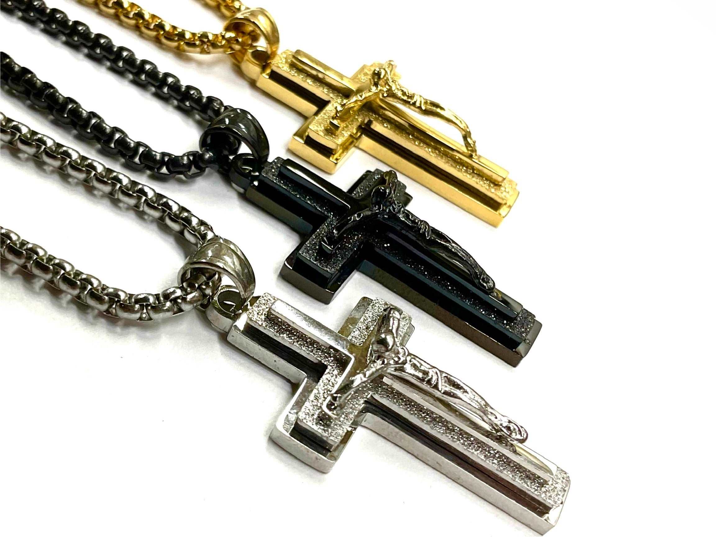 Crucifix cross pendant necklace with box chain and cross inlay