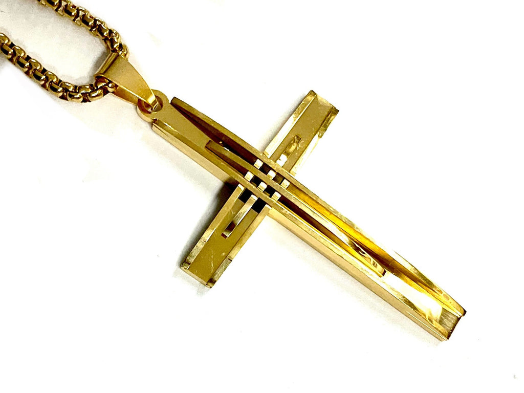 Gold-tone crucifix necklace with cross pendant and Cuban chain